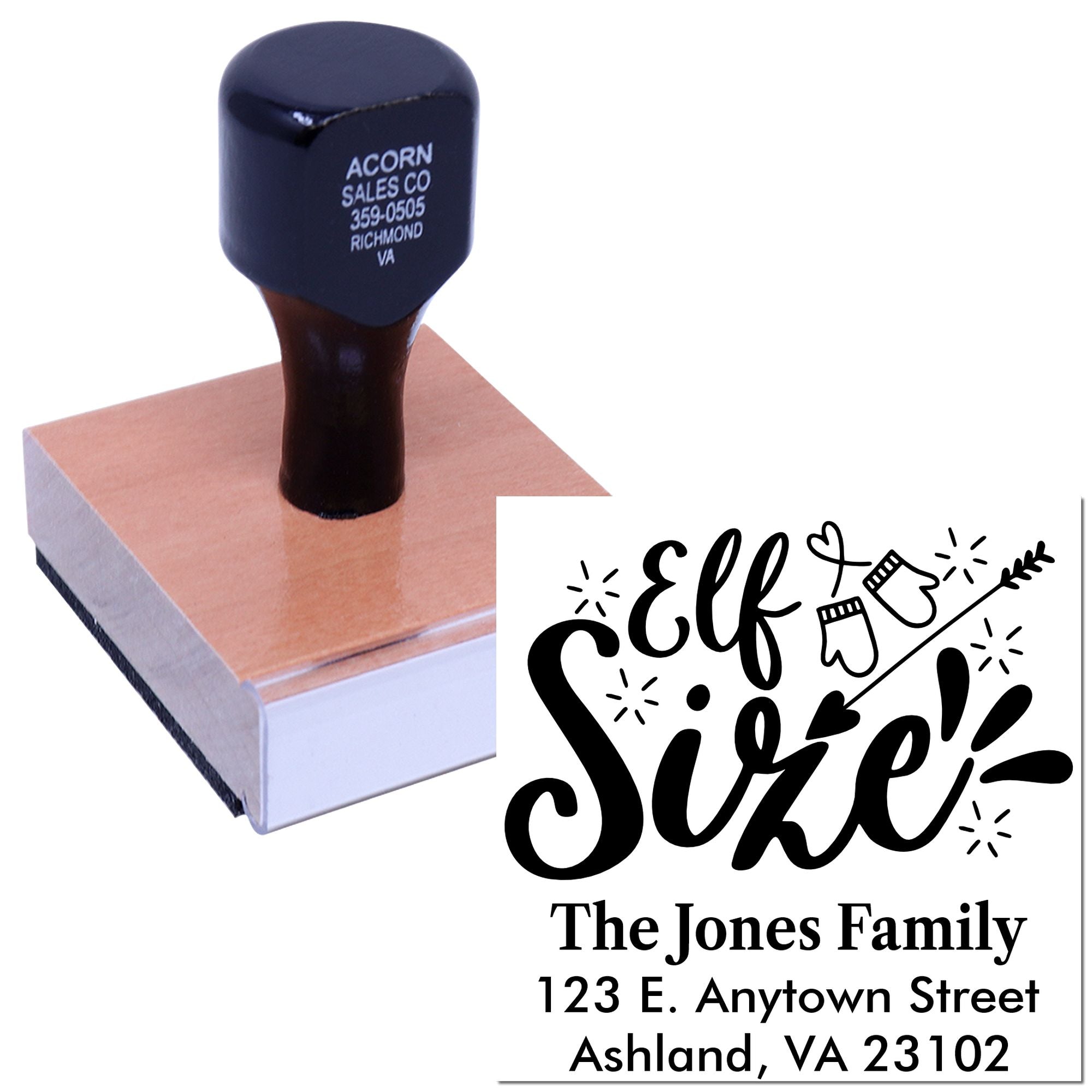 Custom self-inking rubber stamp with festive Elf Size! family address design for holiday cards and gifts.