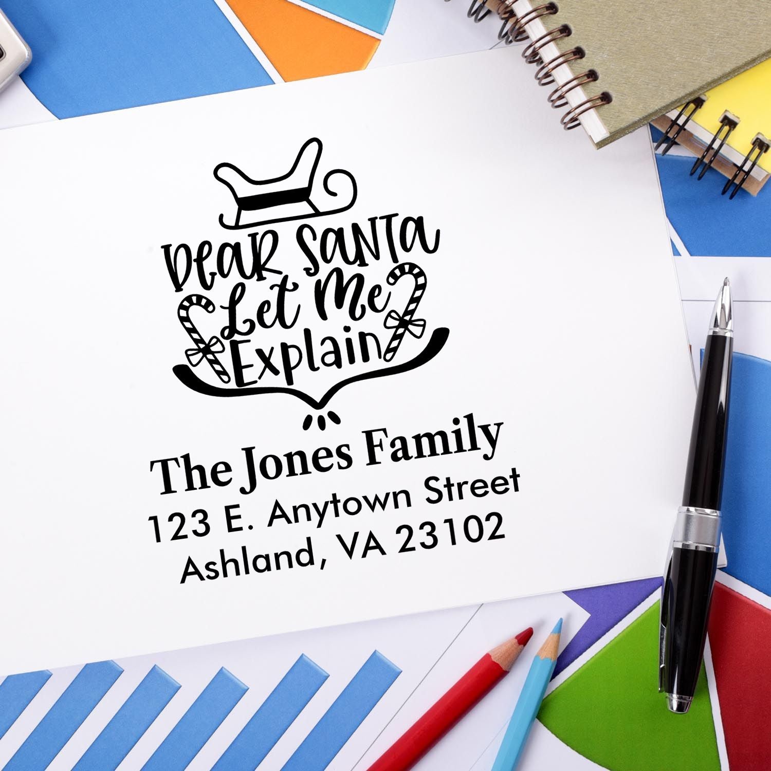 Custom Christmas rubber stamp with Dear Santa Let Me Explain design and personalized family return address for holiday mail.