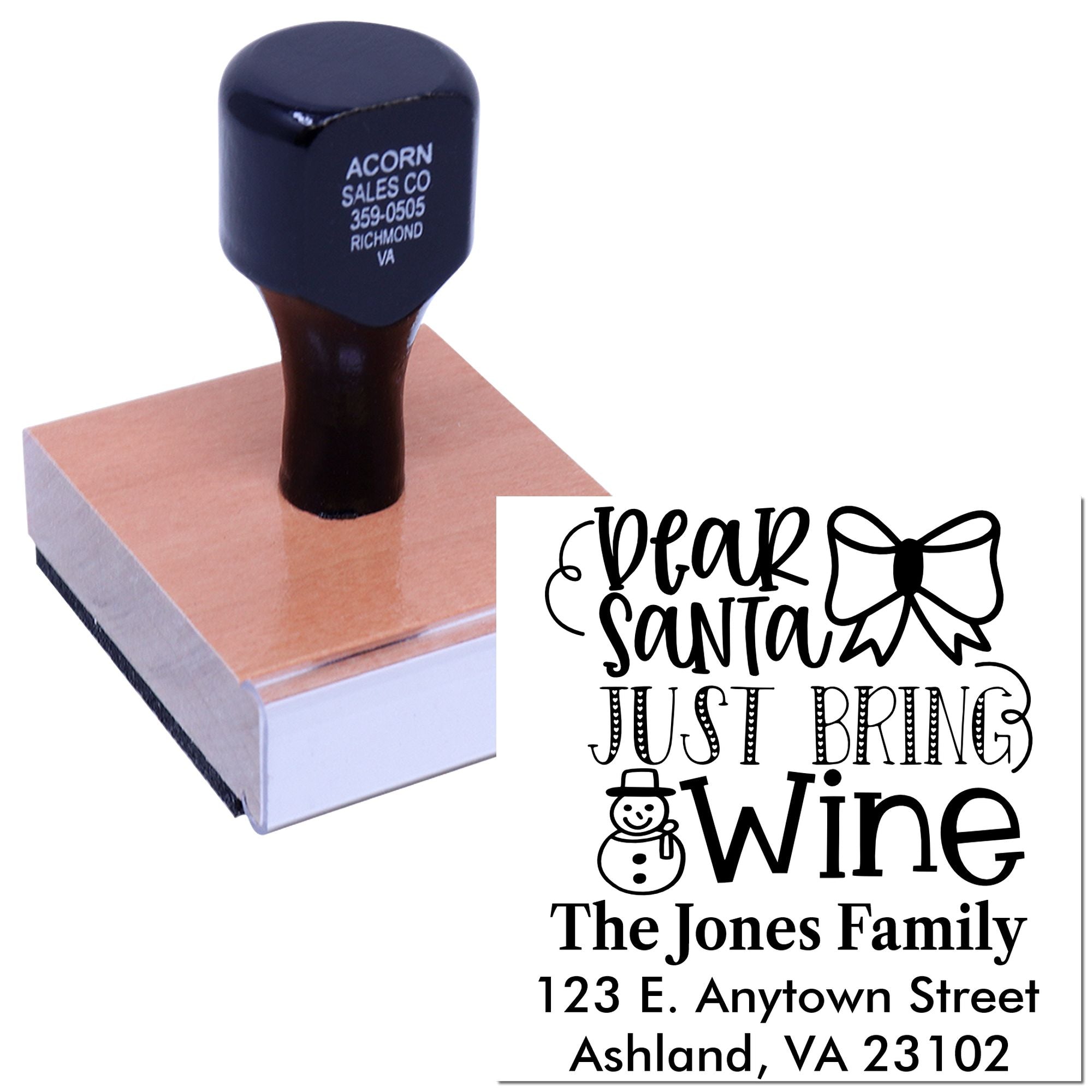 Personalized Christmas address rubber stamp with Dear Santa Just Bring Wine design for holiday cards and gifts.