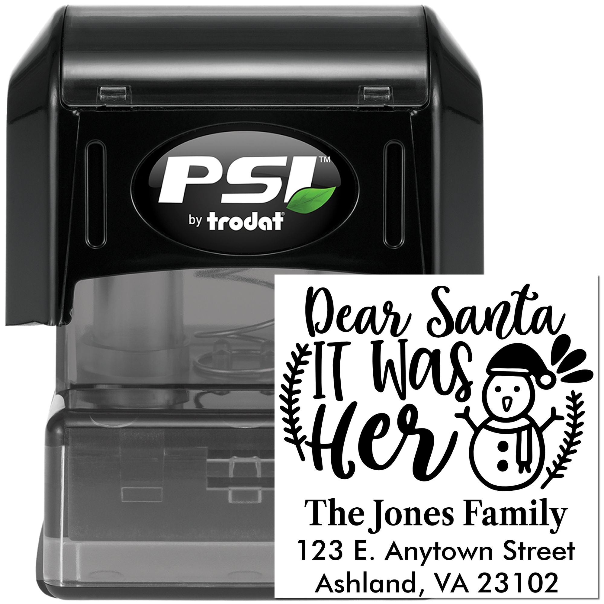Custom self-inking rubber stamp with Dear Santa It Was Her holiday return address design by PSI by Trodat