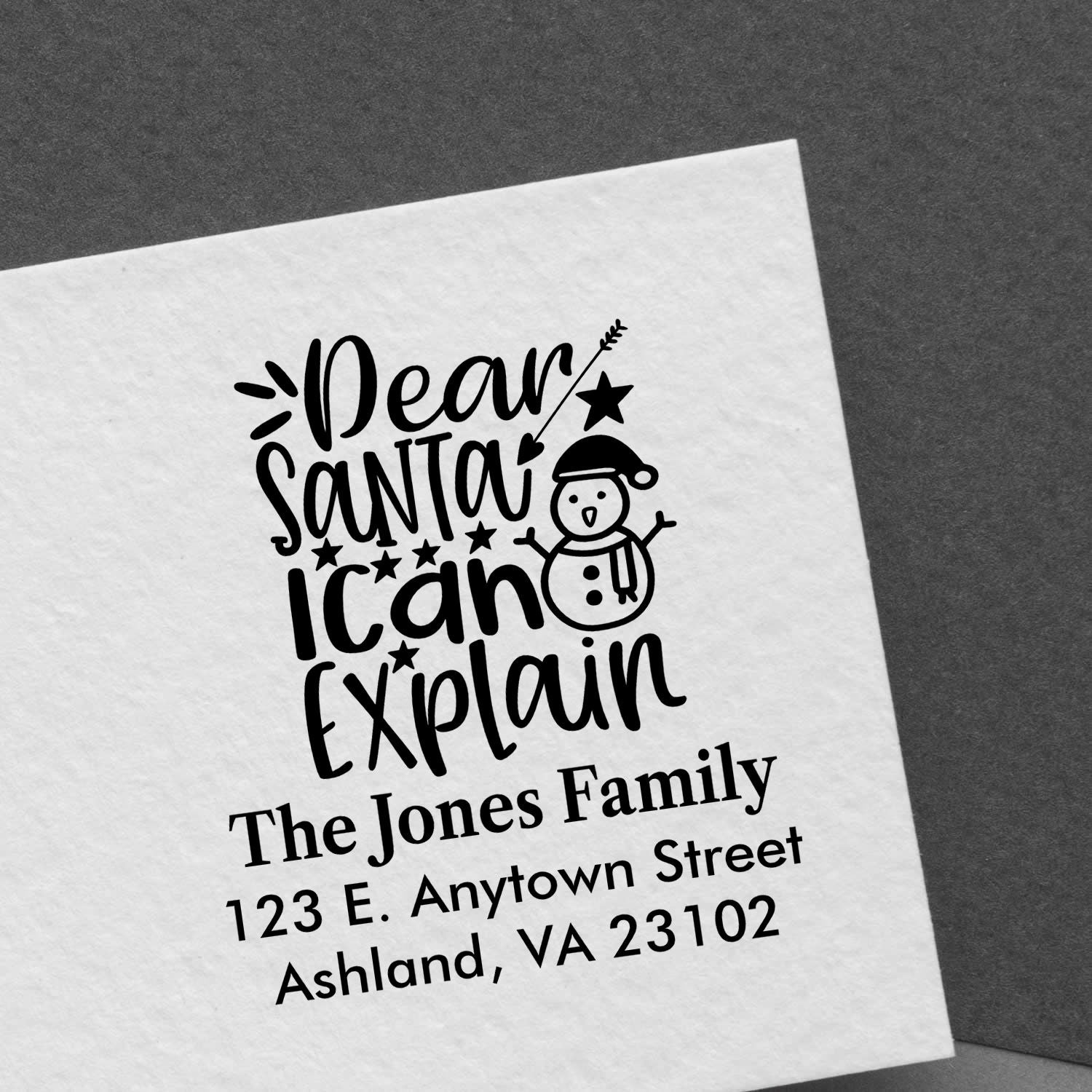 Personalized Christmas rubber stamp with Dear Santa I can explain snowman design for holiday cards and custom mailing labels.