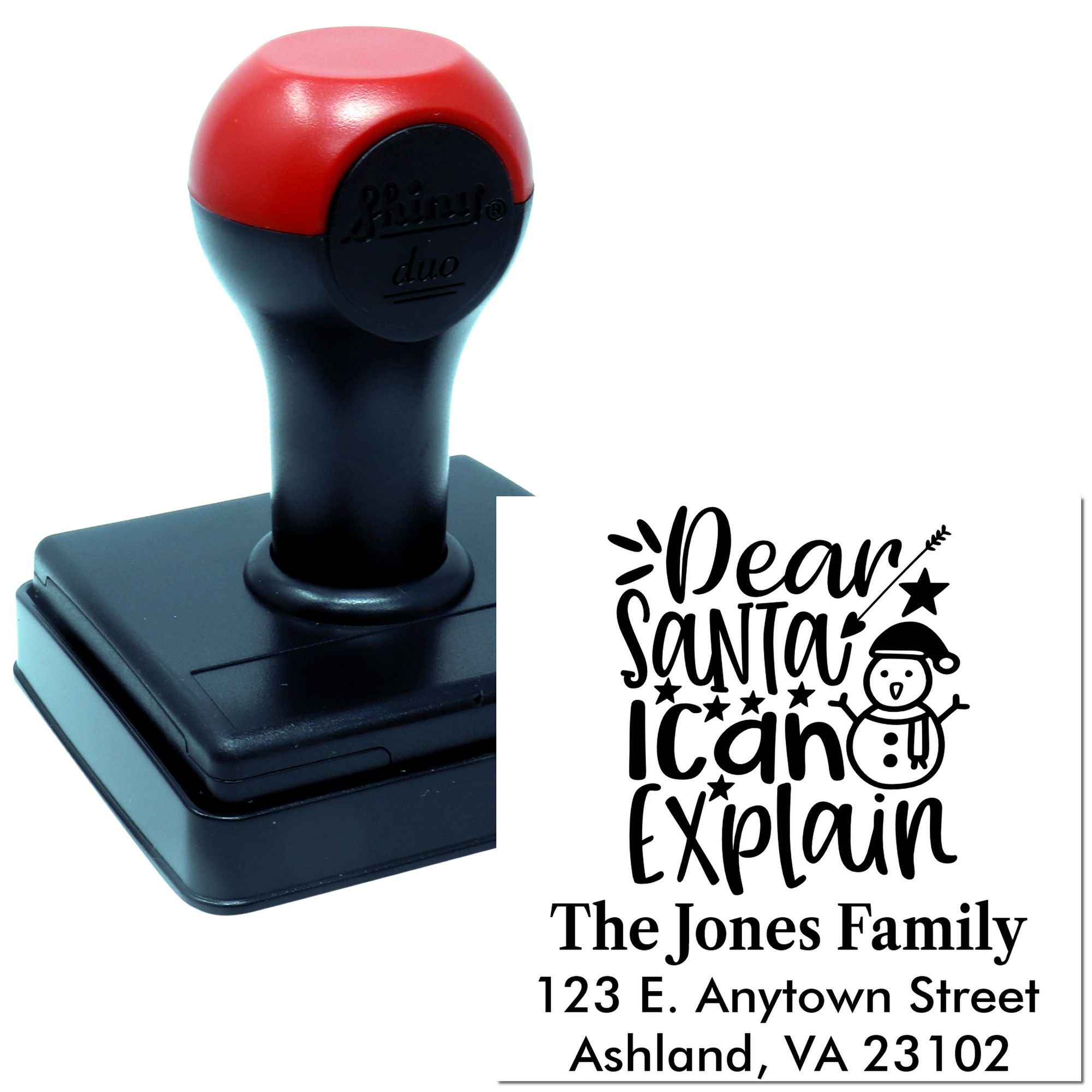 Custom self-inking rubber stamp with Dear Santa I can Explain holiday design and personalized family address.