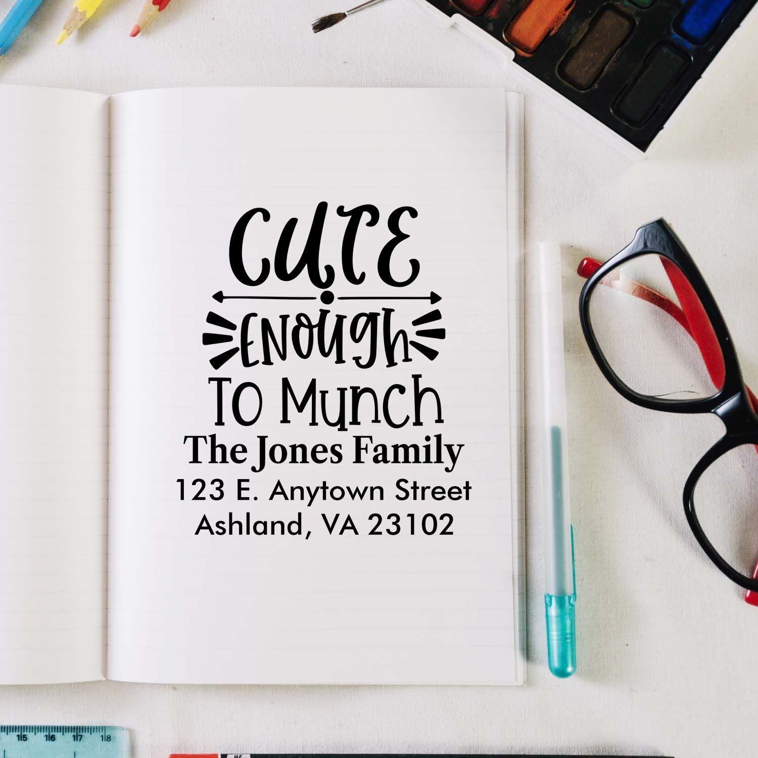 Personalized return address rubber stamp with Cute Enough to Munch design for The Jones Family, Ashland, VA.