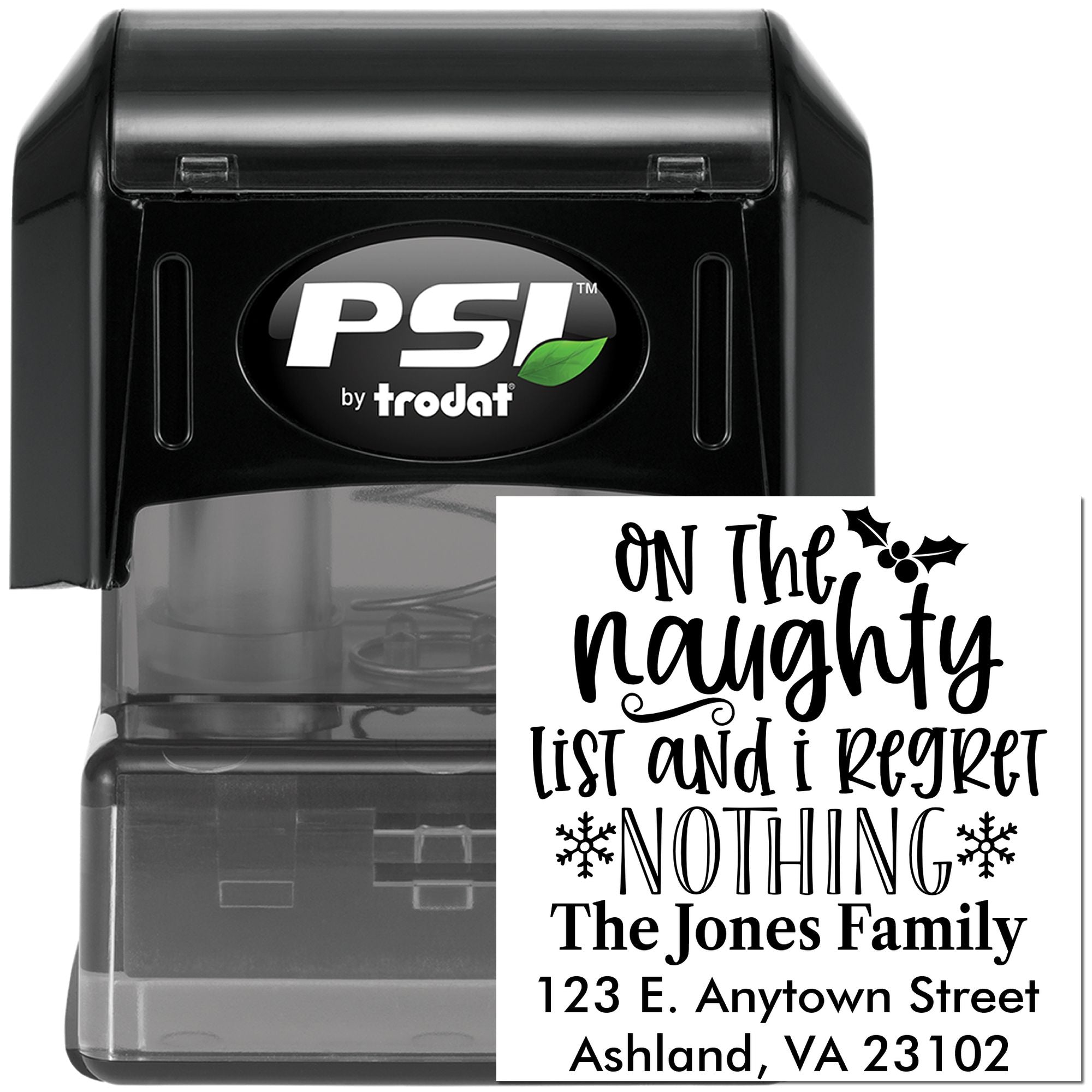 Custom self-inking rubber stamp with holiday address and On the naughty list Christmas design for festive mailing.