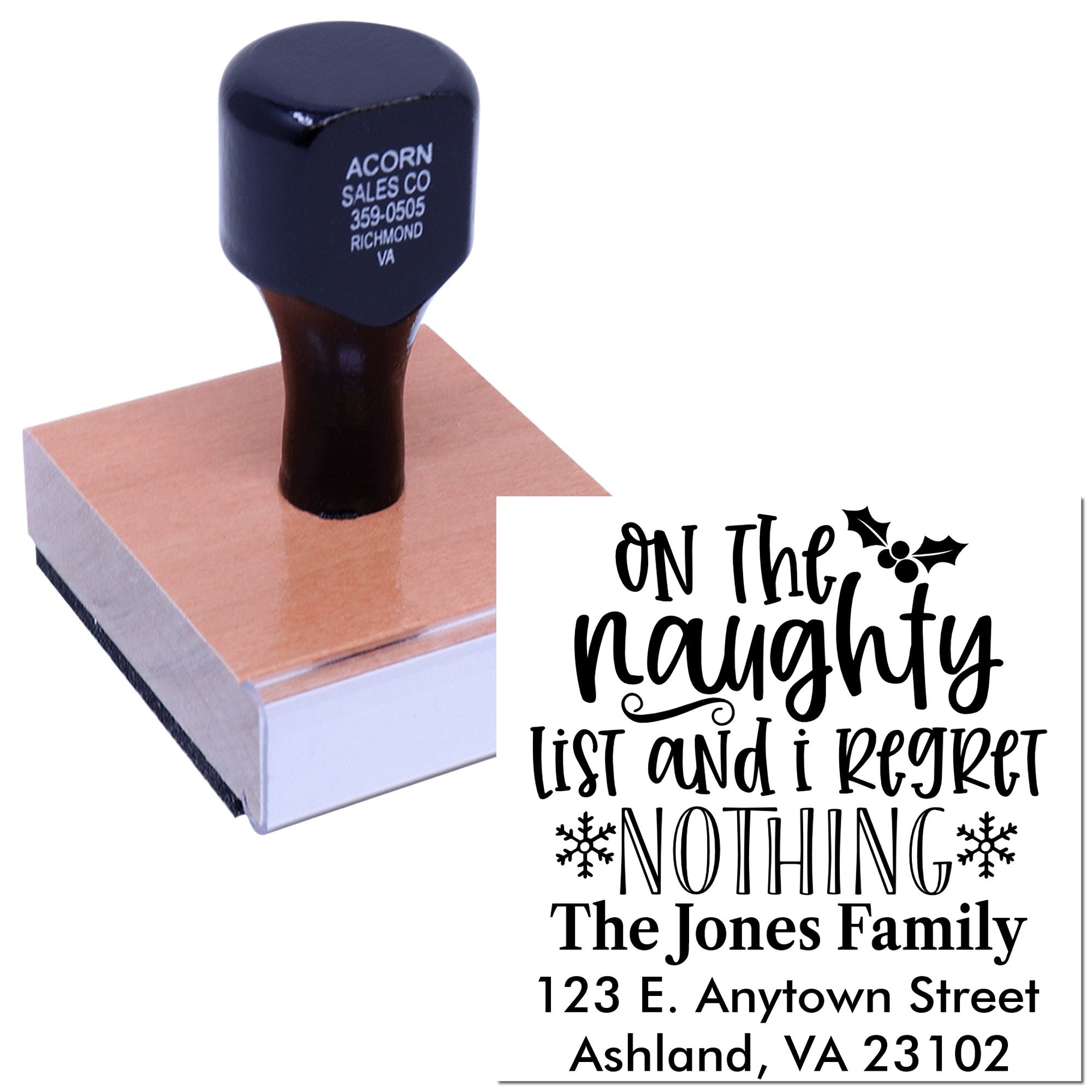 Personalized self-inking Christmas rubber stamp with On the naughty list return address for The Jones Family.