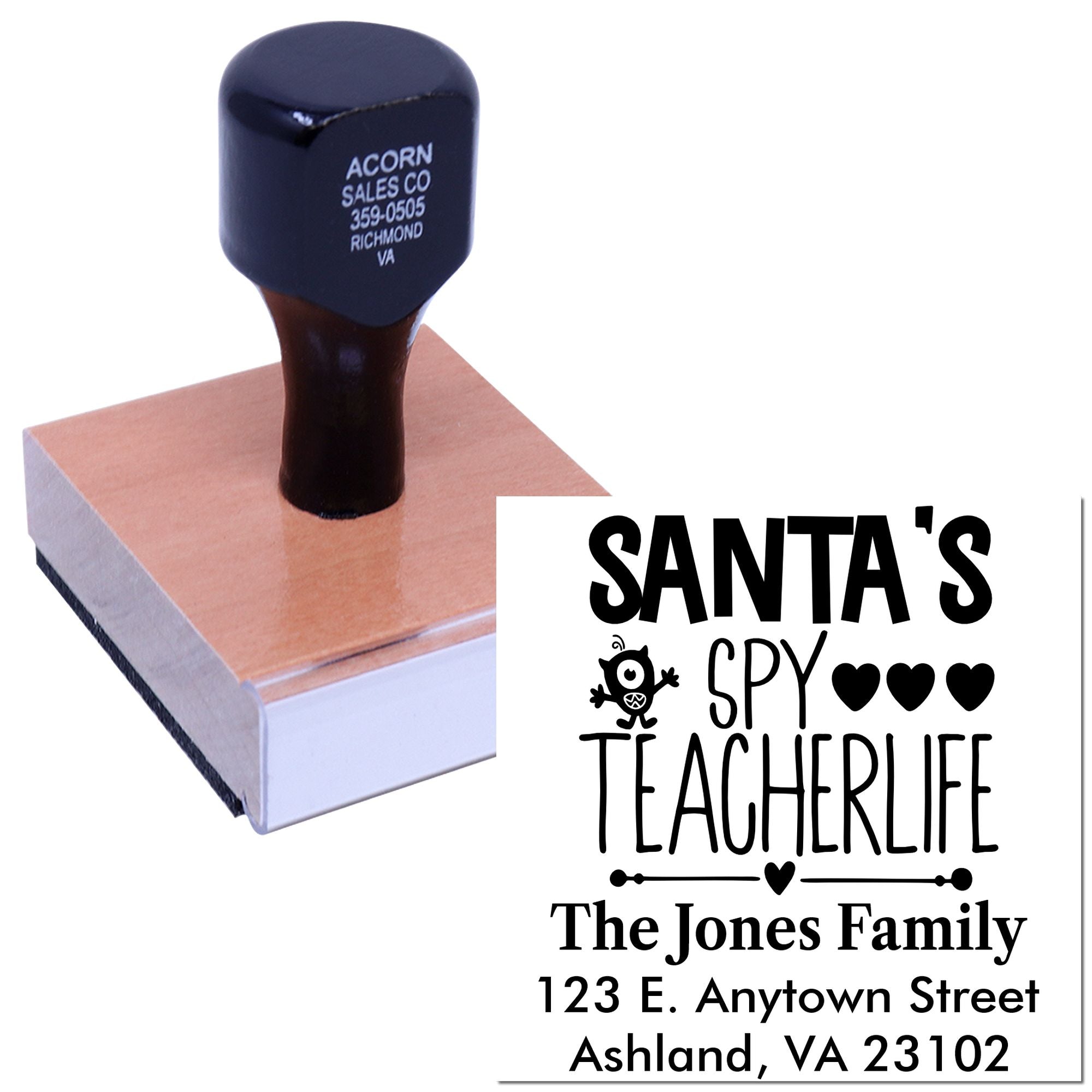 Custom rubber stamp for teacher life gifts, featuring Santas spy design and personalized family address imprint.