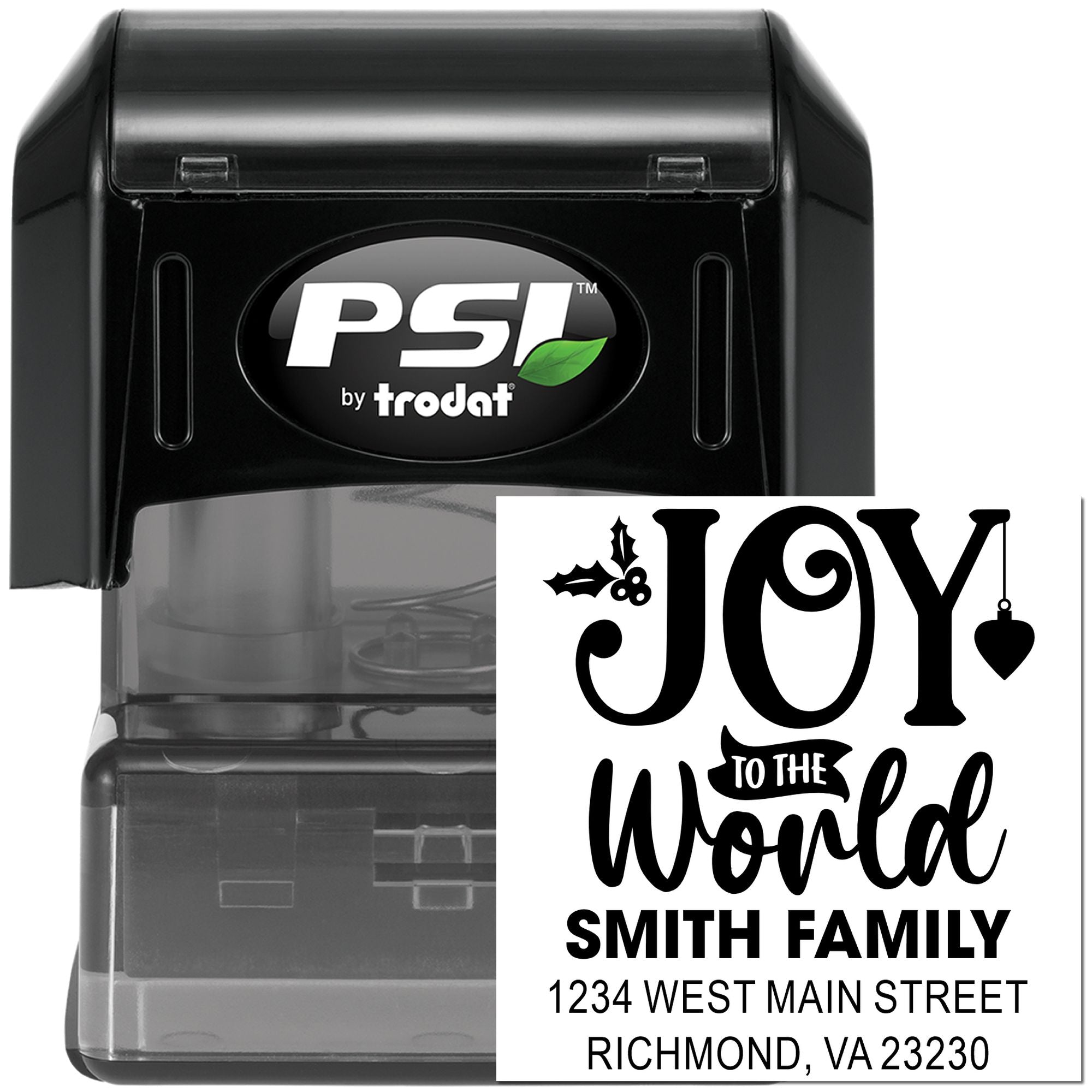 Custom holiday return address rubber stamp with Joy to the World design, Smith Family name, and Richmond, VA address.