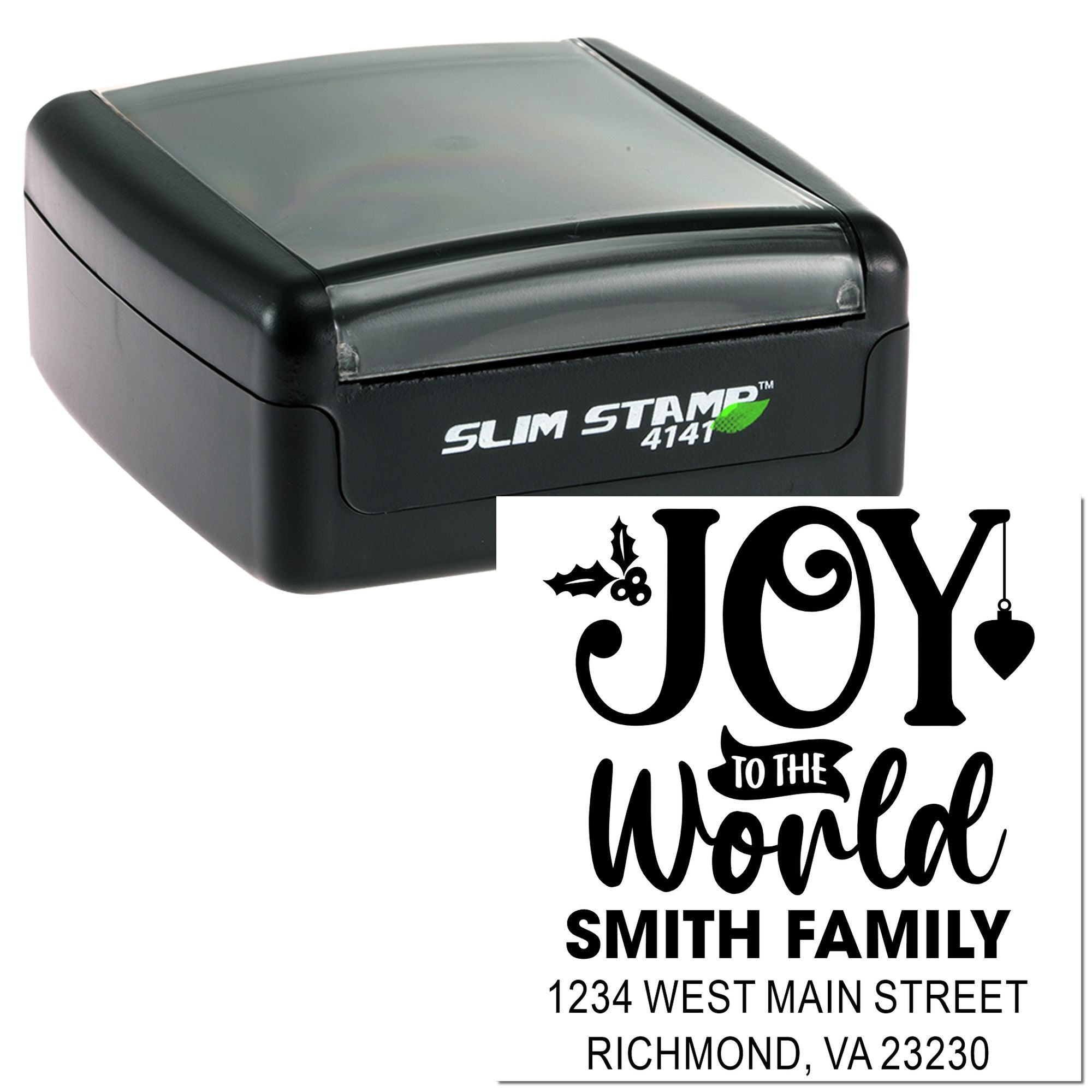 Custom self-inking rubber stamp with Joy to the World holiday return address design for the Smith Family.