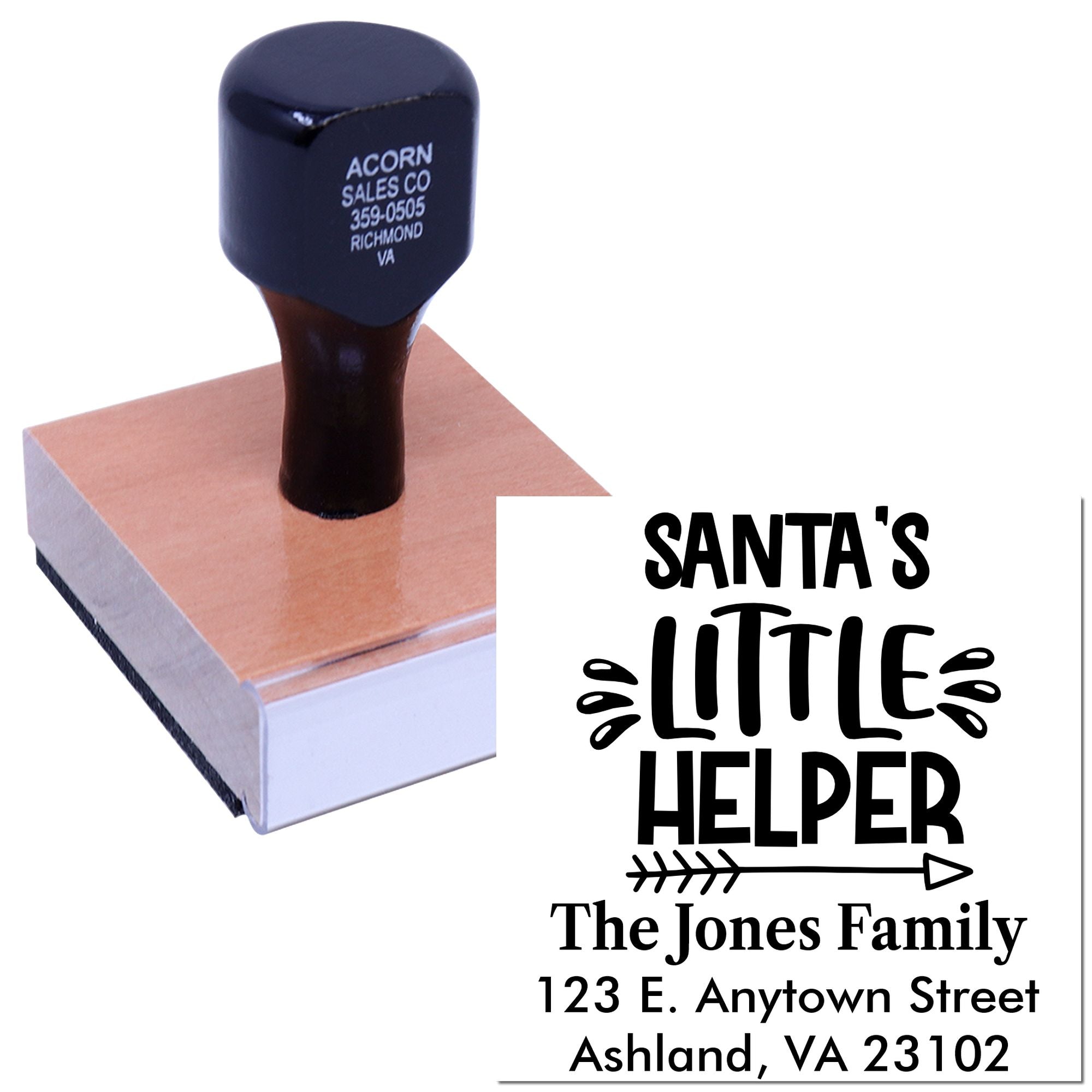 Custom rubber address stamp featuring Santas Little Helper family name and return address for holiday mailings.