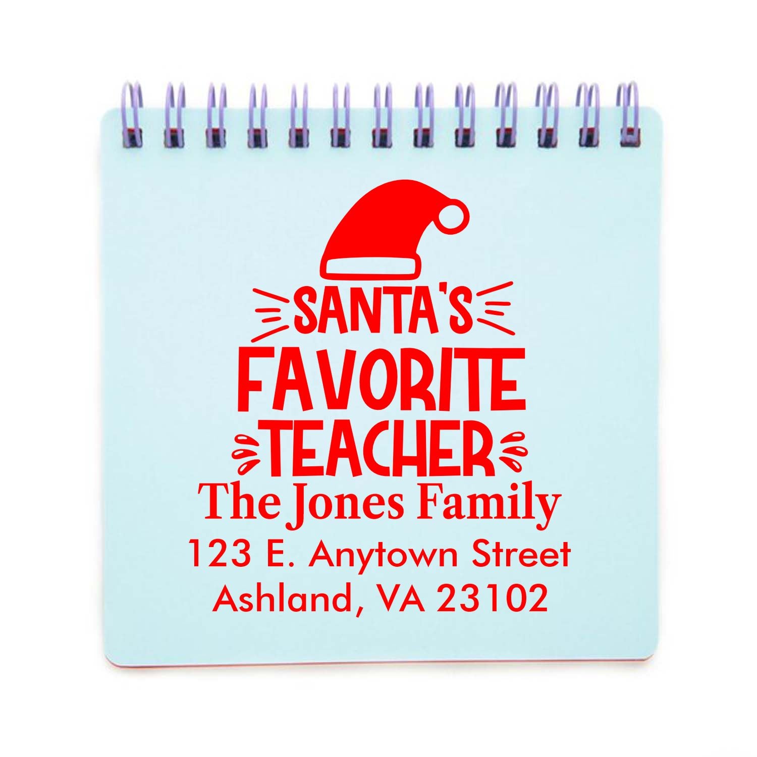 Personalized Santas Favorite Teacher rubber stamp with family name and address for holiday gift tags and classroom cards.