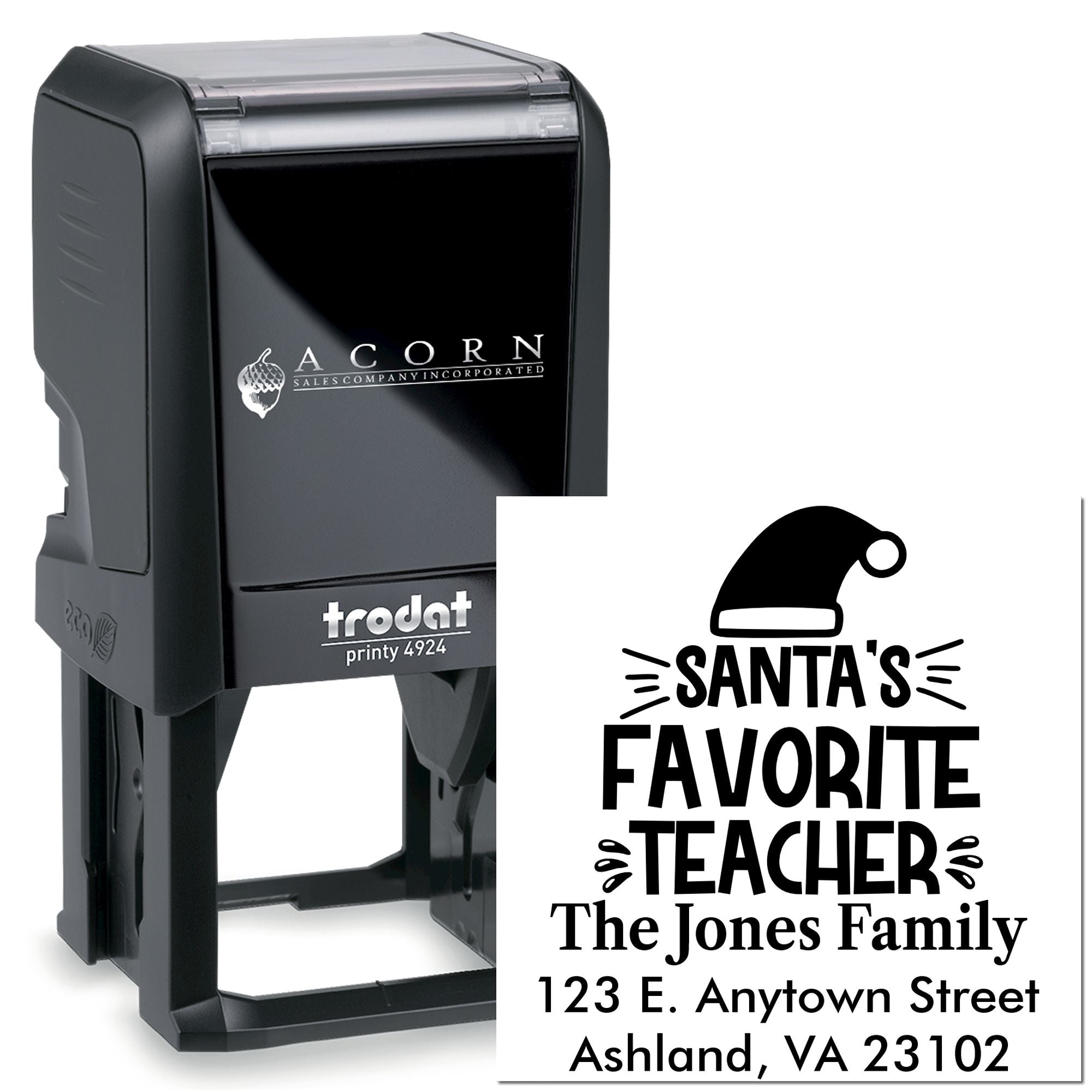 Trodat self-inking rubber address stamp with Santa's Favorite Teacher design and personalized family mailing details.
