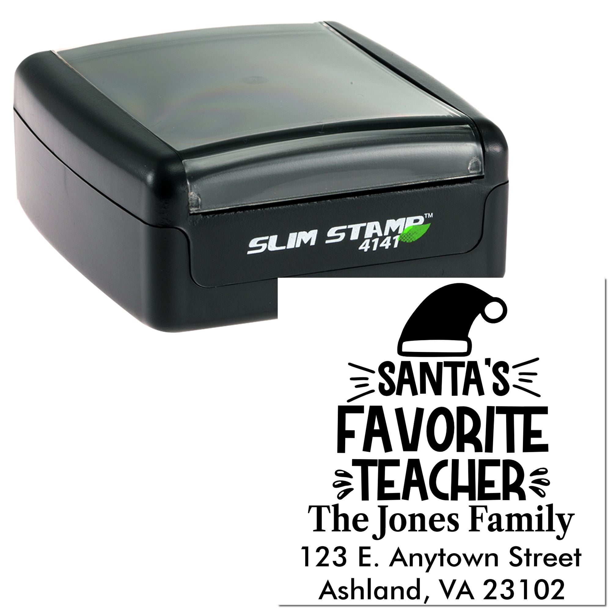 Slim self-inking rubber stamp with custom Santas Favorite Teacher address design for holiday gift labels and classroom use.