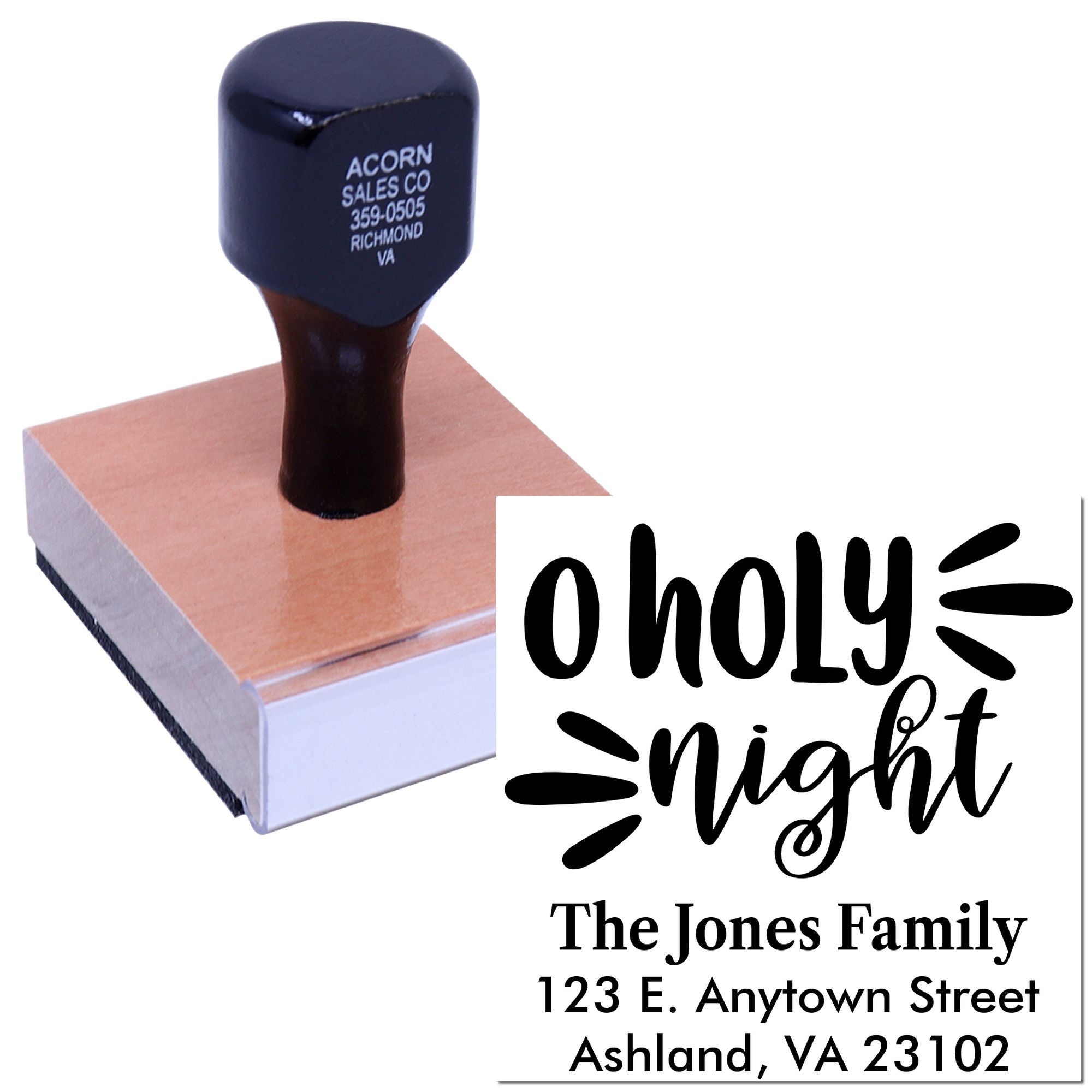 Personalized "Holy Night" rubber stamp for custom Christmas return address and holiday cards with family name and address.
