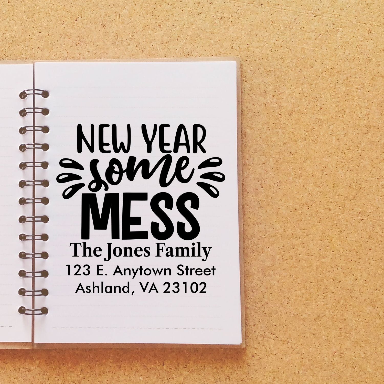 Personalized New Year Some Mess rubber stamp with family name and address for holiday cards and custom stationery.