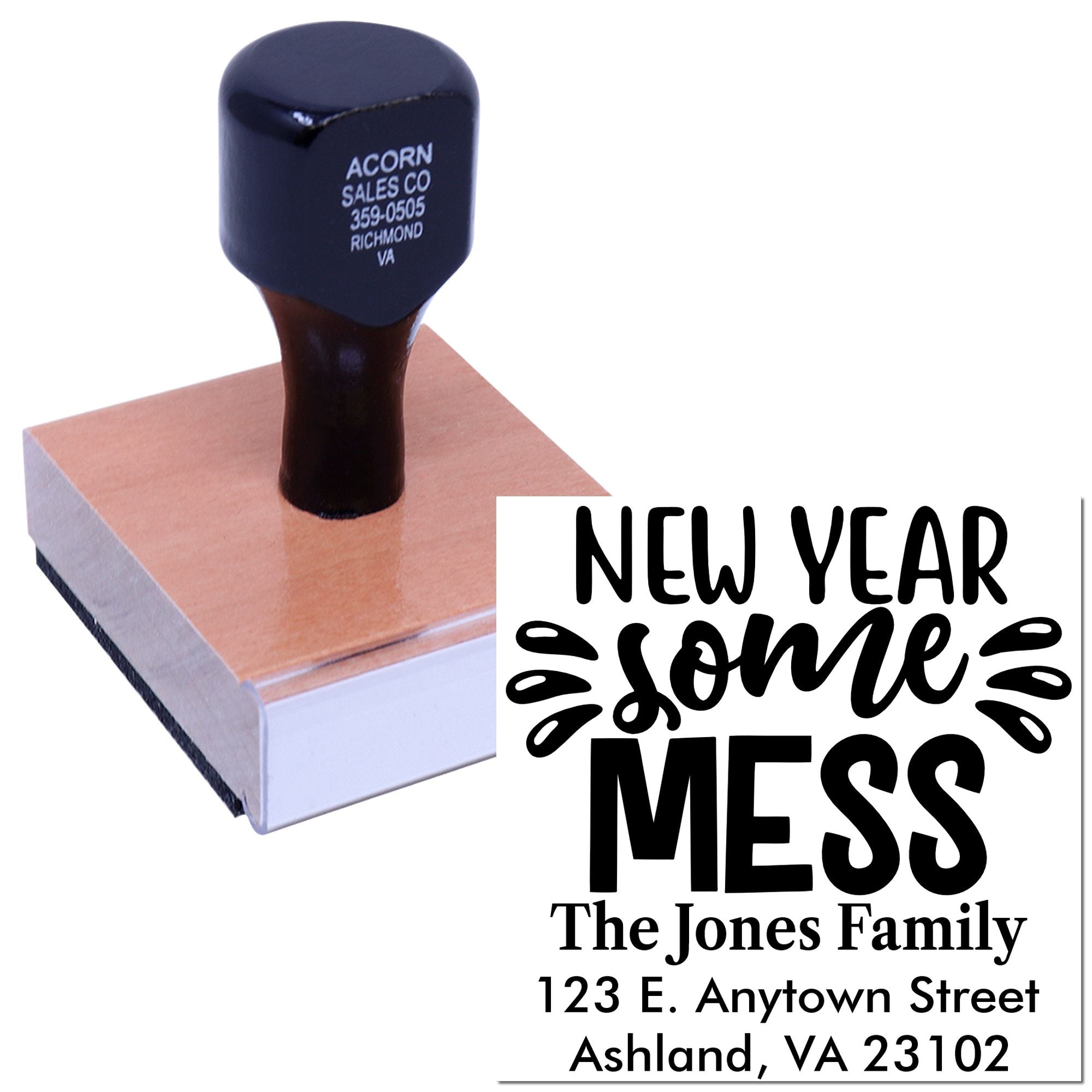 Personalized rubber stamp featuring New Year Same Mess and family address for holiday cards, stationery, and mailing.