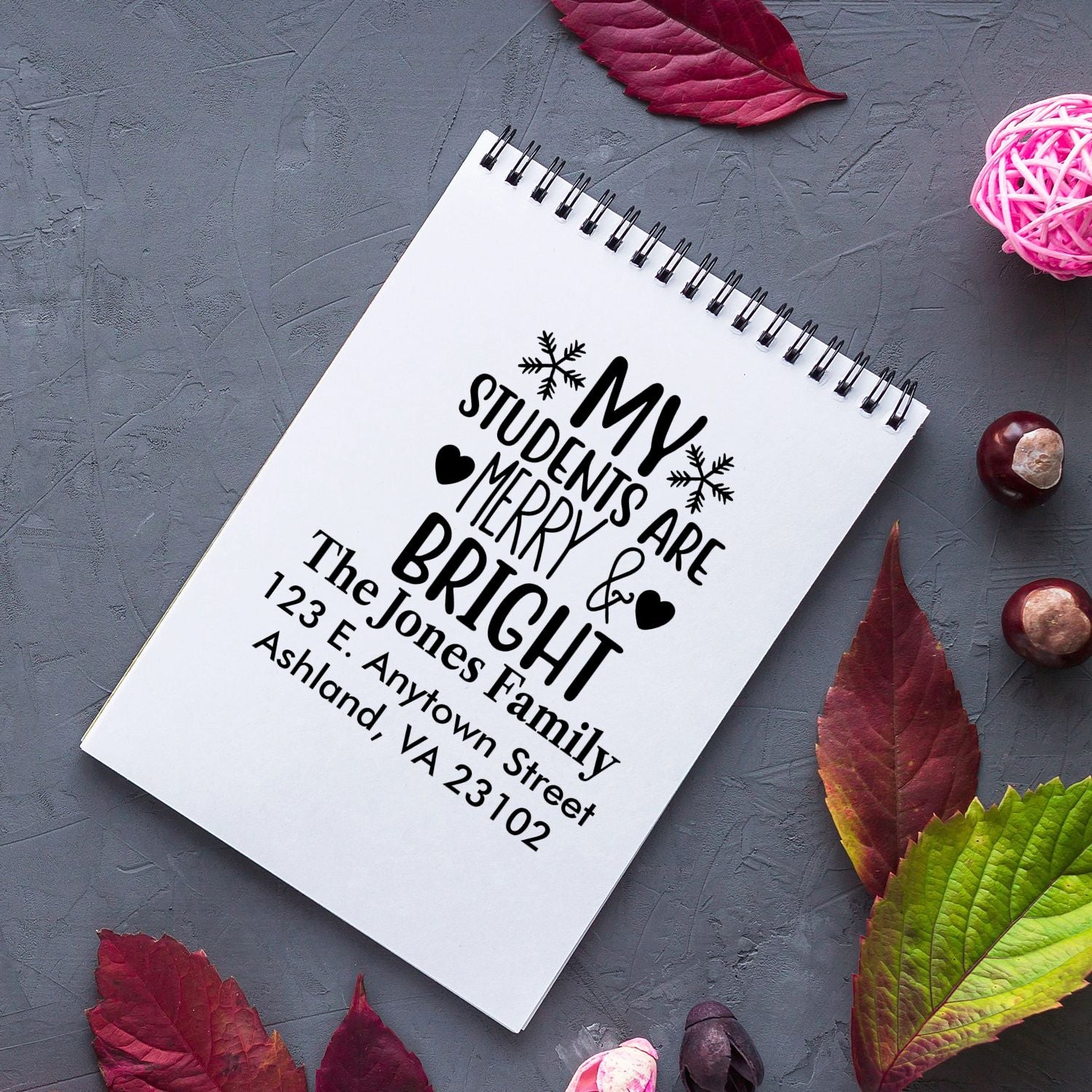 Personalized Christmas rubber stamp for teachers and family mailings, featuring My students are merry bright custom address design.