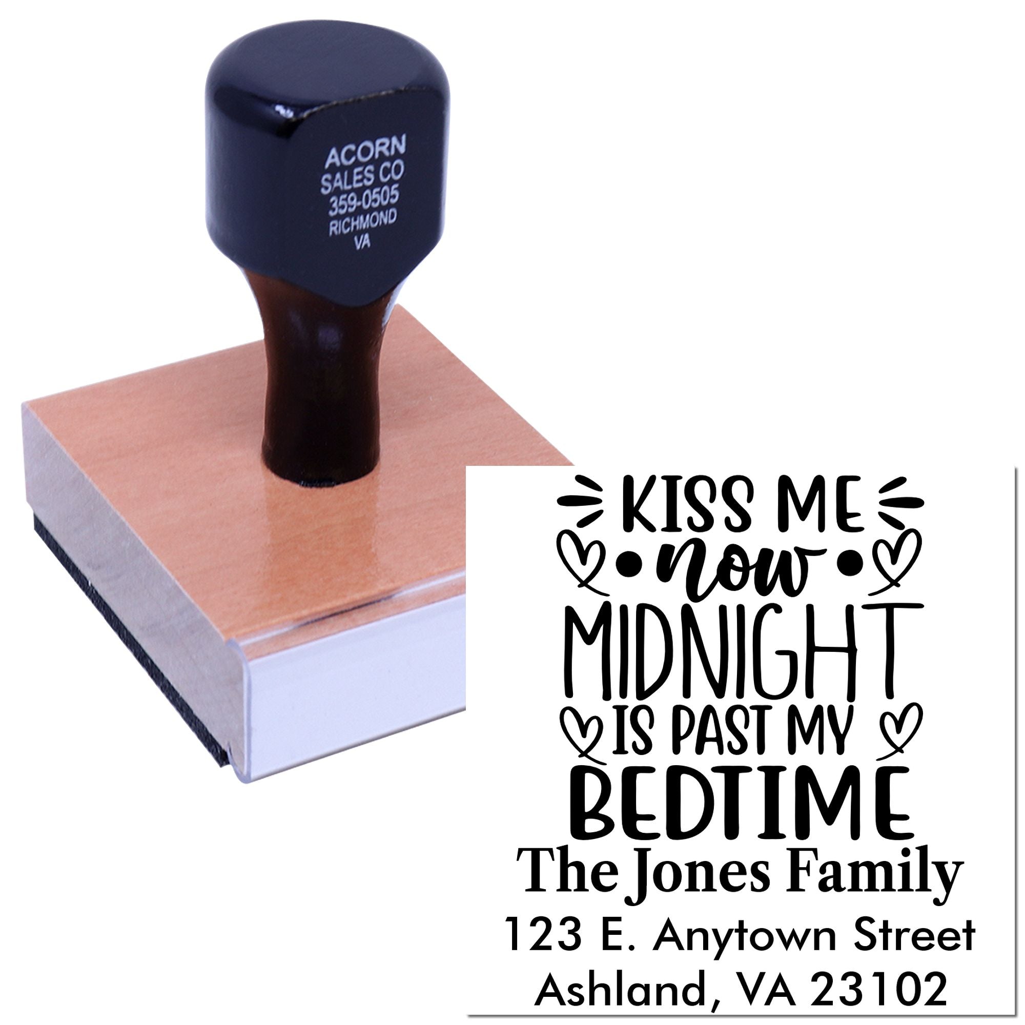 Custom rubber stamp with Kiss Me Now romantic quote and family address for personalized stationery and gifts.