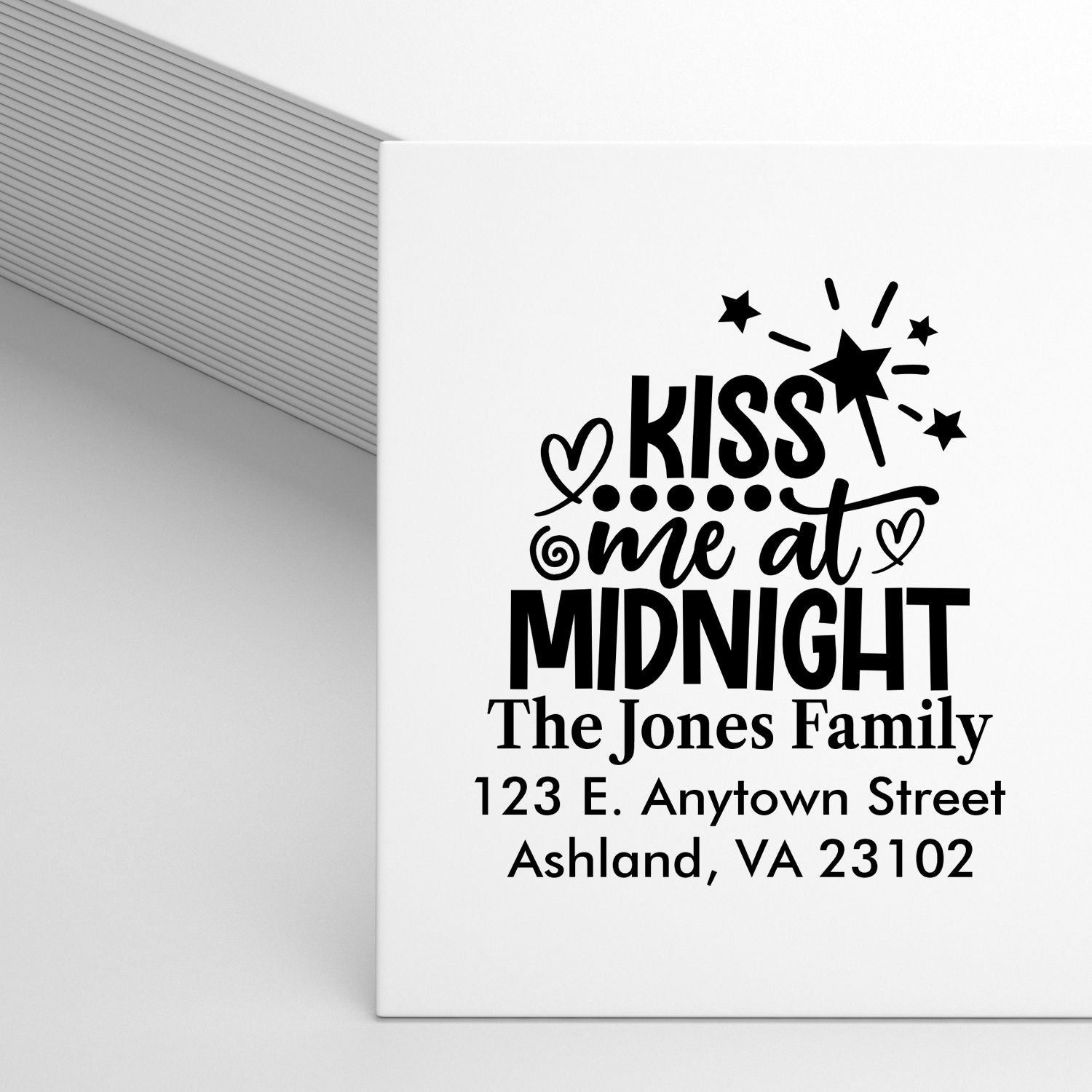 Custom rubber stamp with Kiss Me at Midnight and The Jones Family return address for Ashland, VA.
