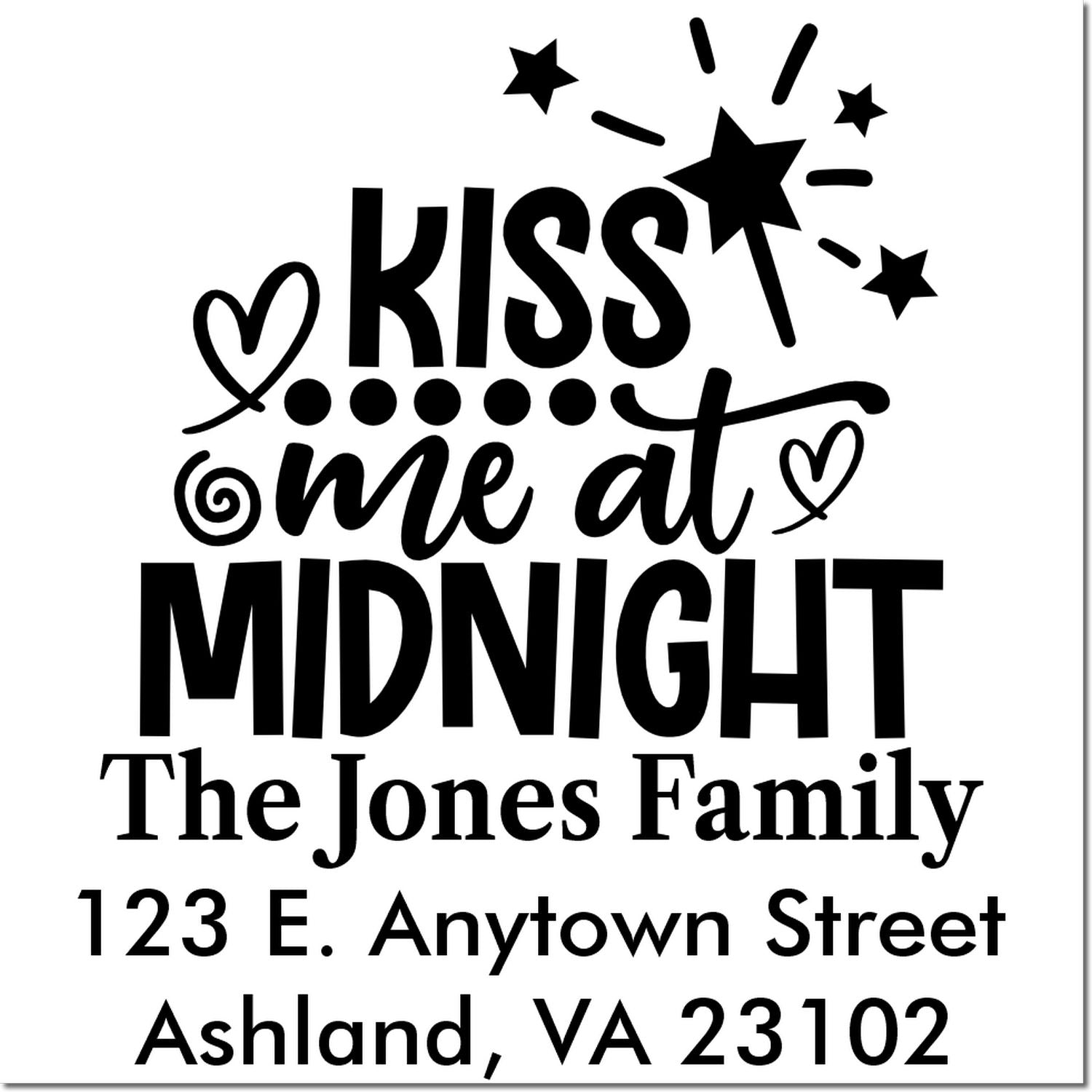 Custom holiday rubber stamp with Kiss Me at Midnight and The Jones Family return address in Ashland, VA.