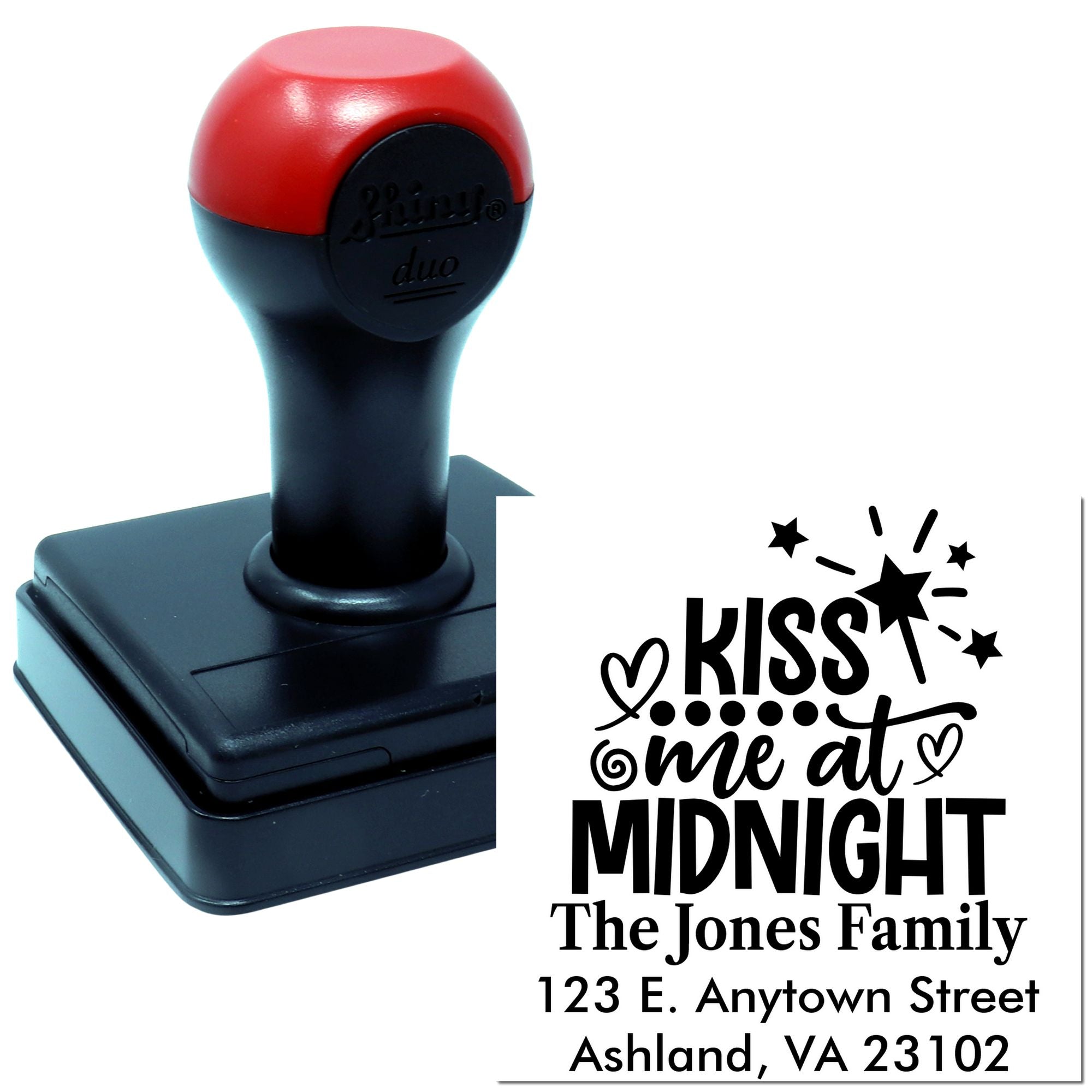 Personalized self-inking rubber stamp with custom Kiss Me at Midnight holiday address design for cards and invitations.