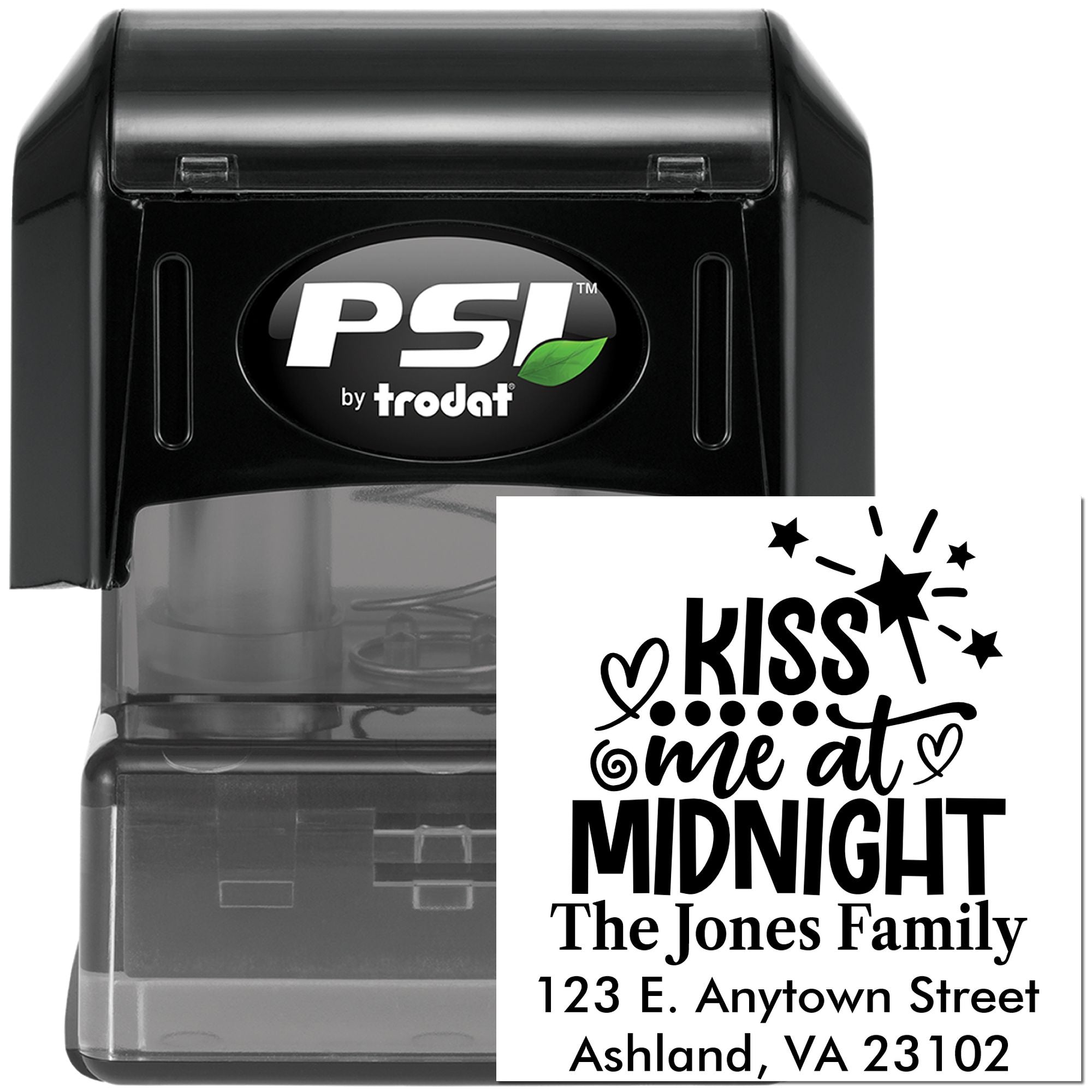 Custom self-inking personalized address stamp with Kiss Me at Midnight design for The Jones Family by PSI by Trodat.