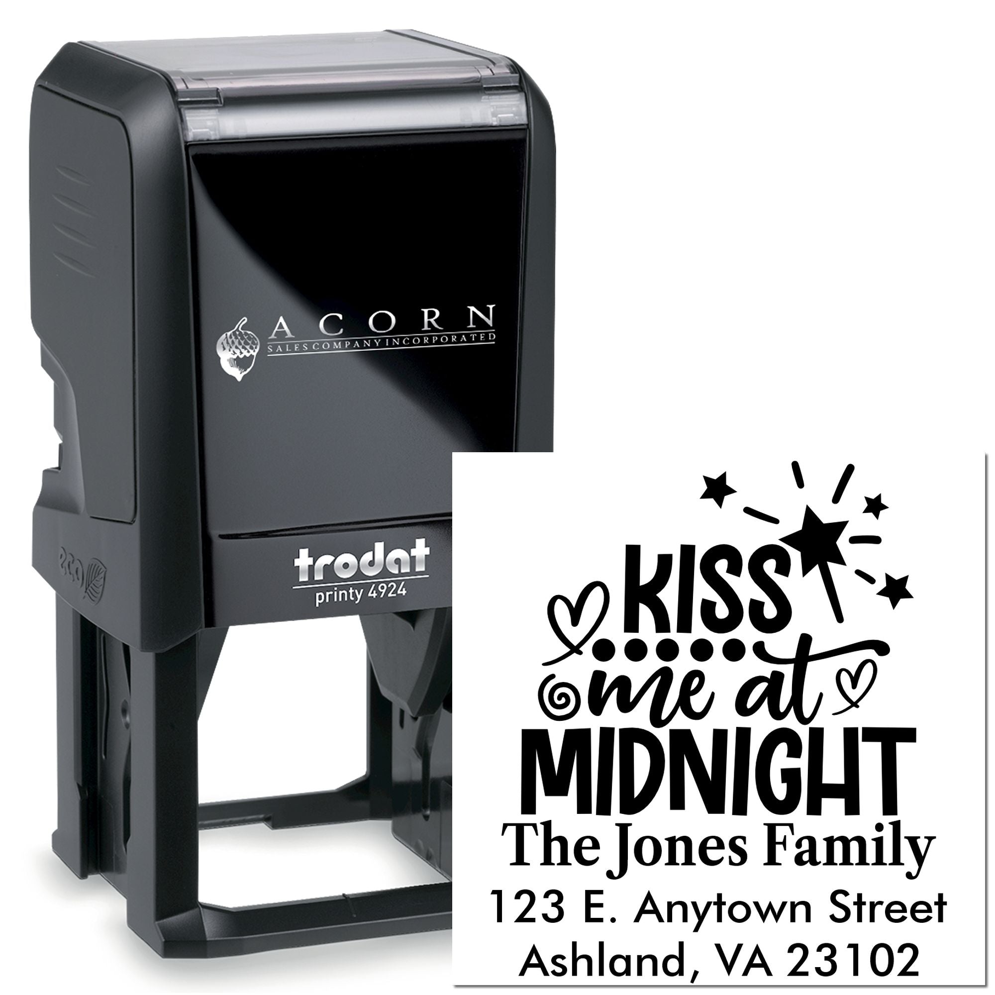 Custom self-inking rubber stamp with personalized holiday address design and Kiss Me at Midnight imprint.