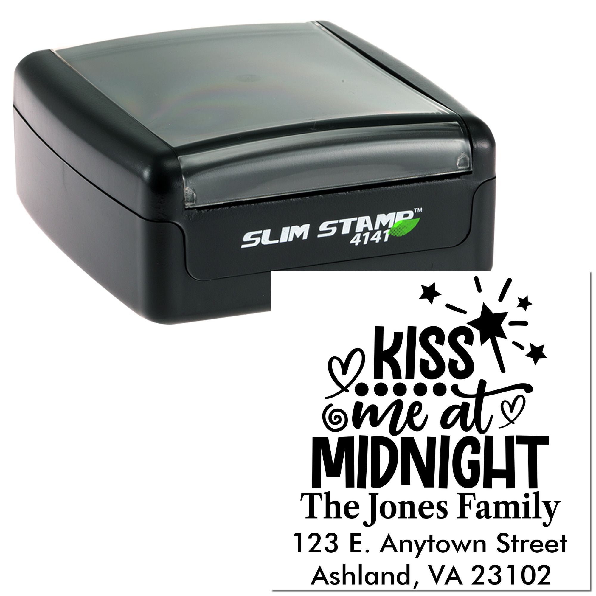 Personalized self-inking rubber stamp with Kiss Me at Midnight return address design for holiday cards and envelopes.