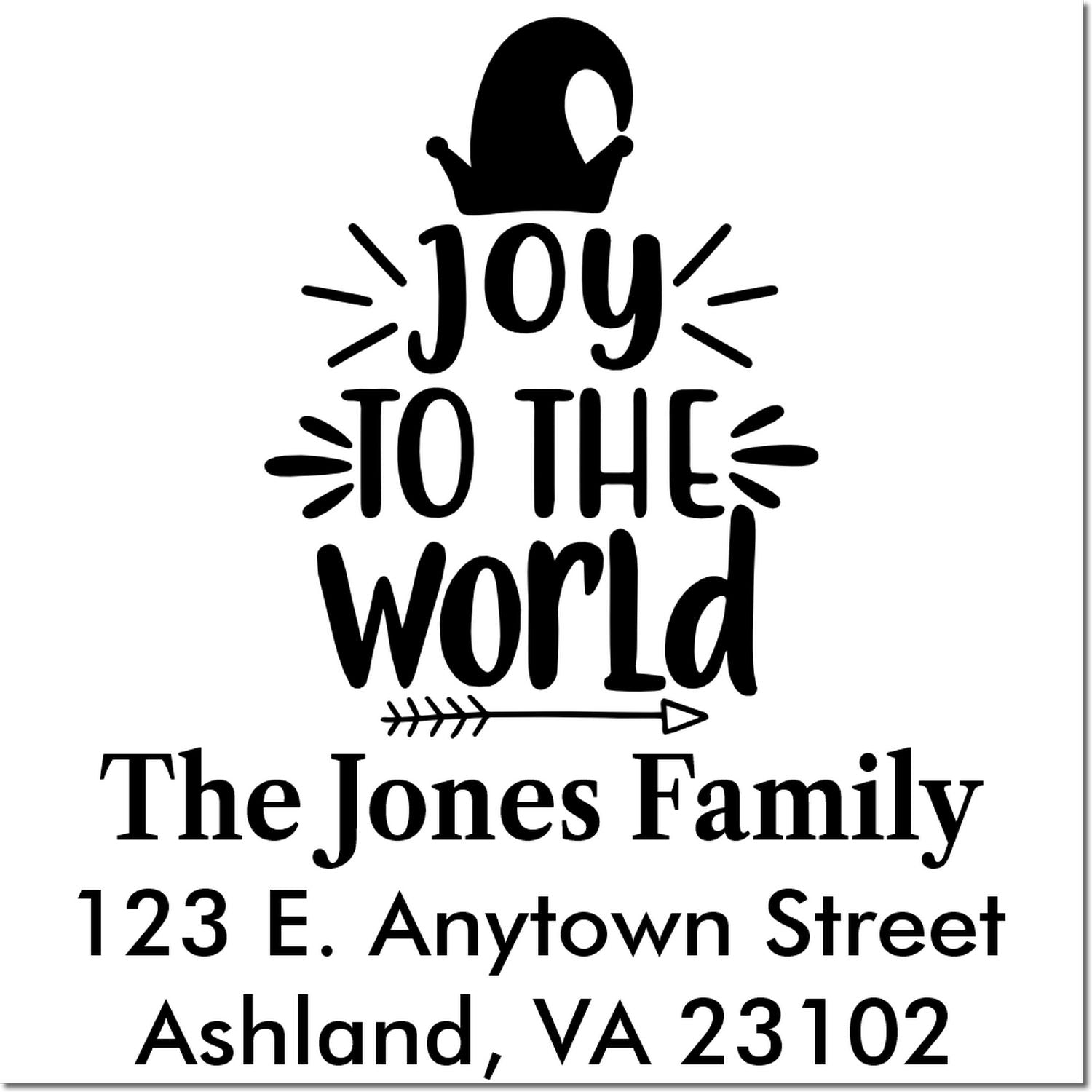 Personalized Joy to the World holiday rubber stamp with family name and return address for Christmas cards.