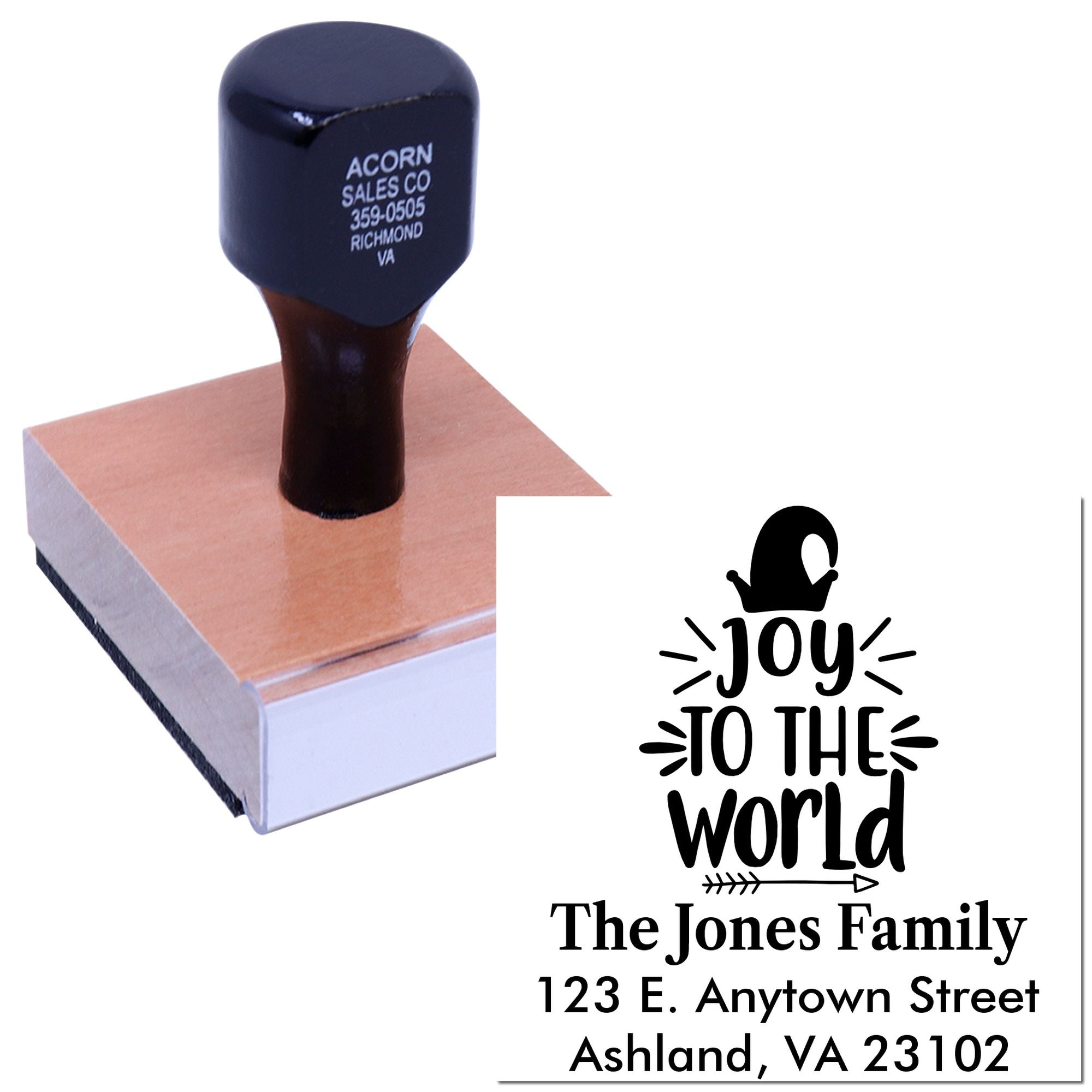 Personalized Christmas rubber stamp with Joy to the World family return address design.