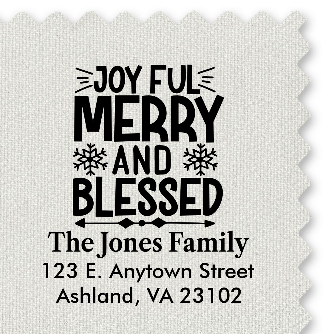 Custom Christmas return address rubber stamp for The Jones Family, with Joyful Merry and Blessed holiday design.