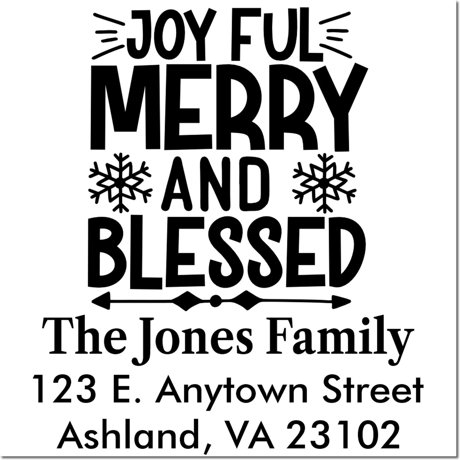 Custom Christmas rubber stamp with Joyful Merry and Blessed, family name, and return address for holiday cards.