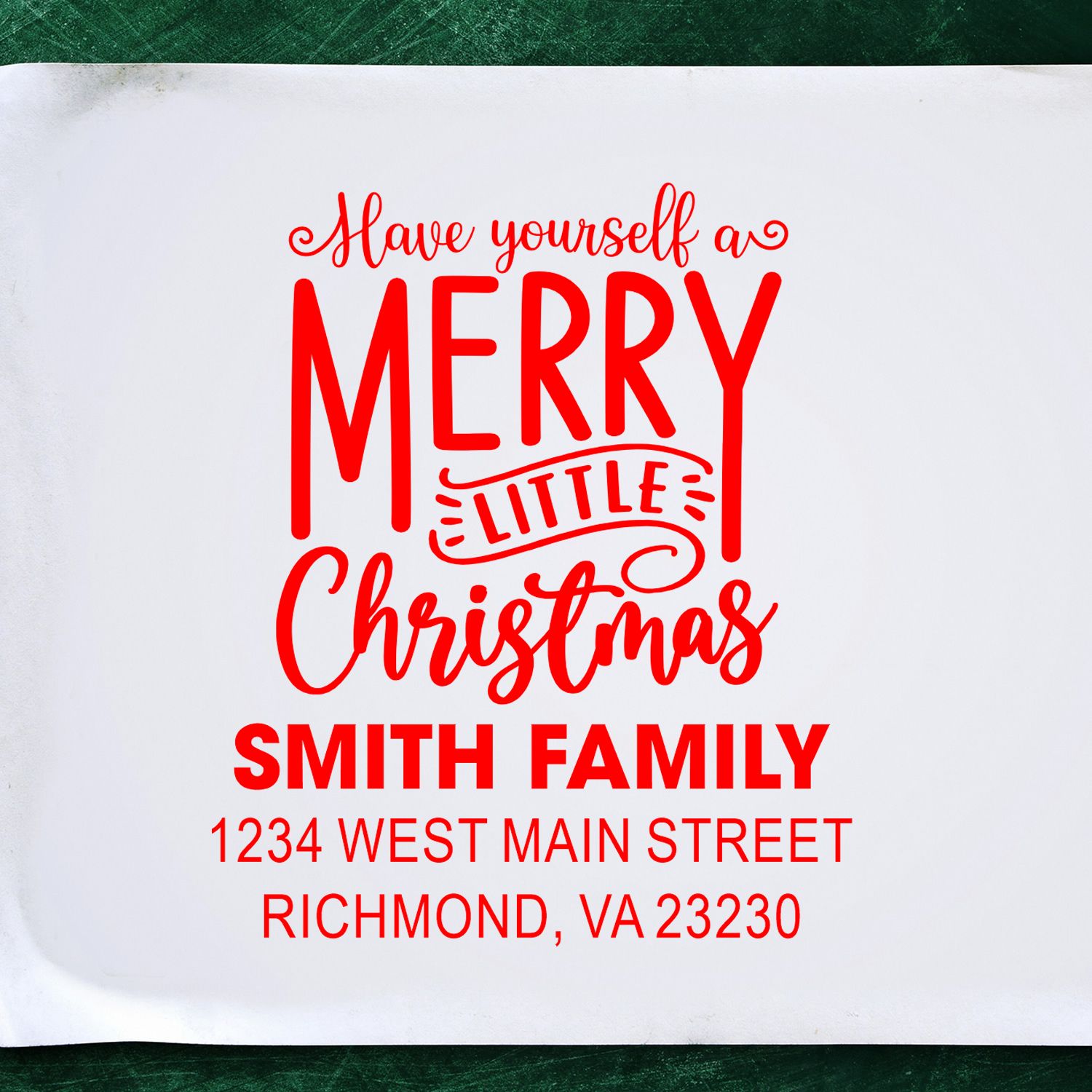 Personalized Christmas rubber stamp with Have Yourself a Merry Little Christmas and Smith Family return address for holiday cards.