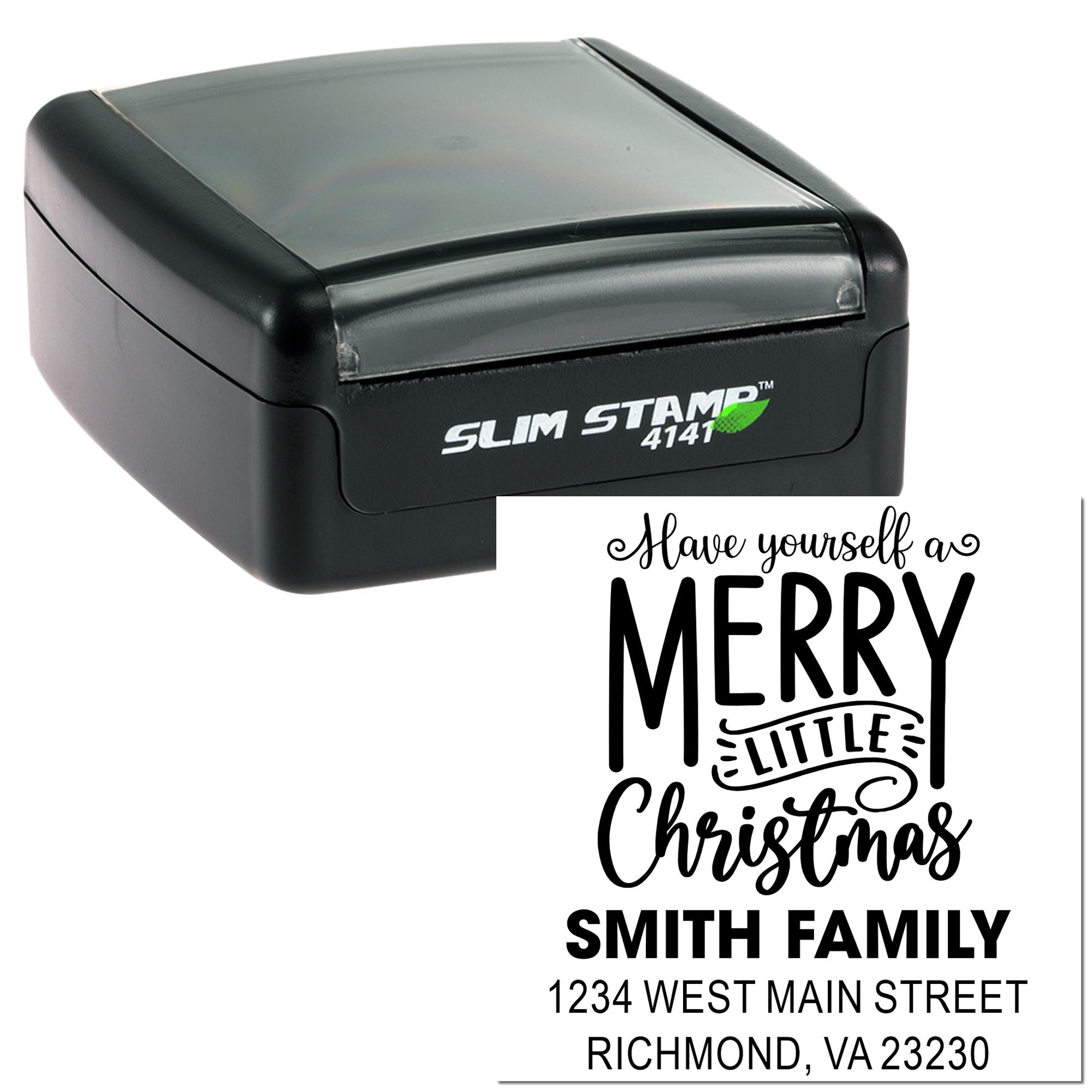 Custom self-inking rubber stamp for Christmas return address labels, featuring Merry Little Christmas family address design.