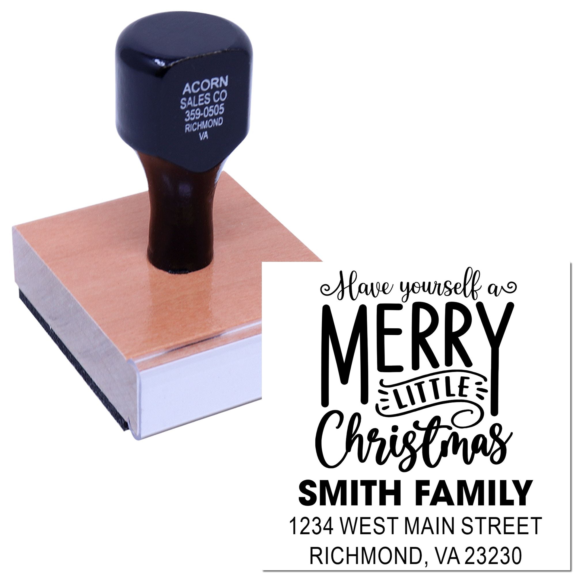 Custom rubber stamp for Christmas cards with Have Yourself a Merry Little Christmas and Smith Family return address.