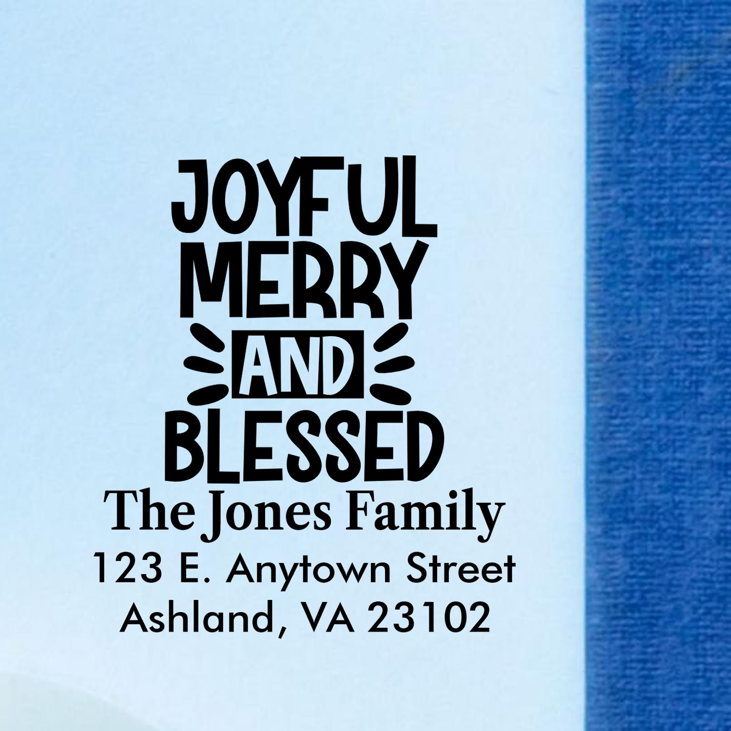 Custom holiday return address rubber stamp with Joyful Merry and Blessed design for The Jones Family, Ashland VA