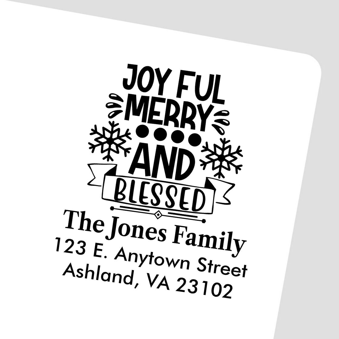 Personalized Christmas return address rubber stamp with Joyful Merry and Blessed for The Jones Family, Ashland, VA.