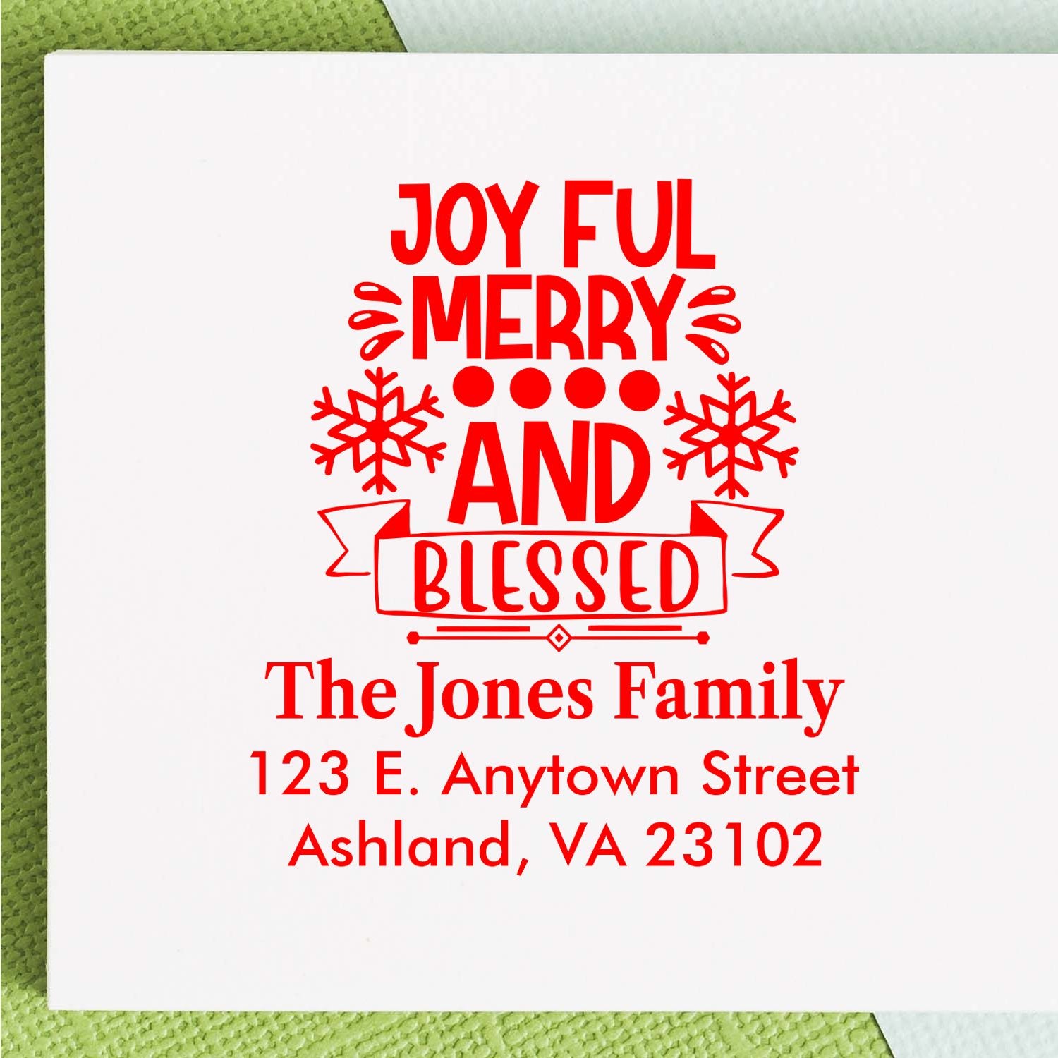 Personalized Christmas return address rubber stamp with Joyful, Merry and Blessed design for The Jones Family.