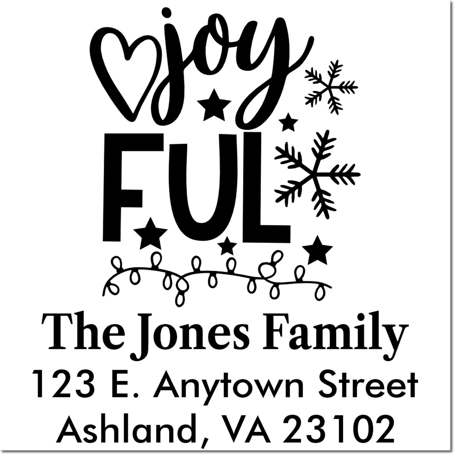 Custom Christmas return address rubber stamp with Joyful, snowflakes, lights, and The Jones Family address