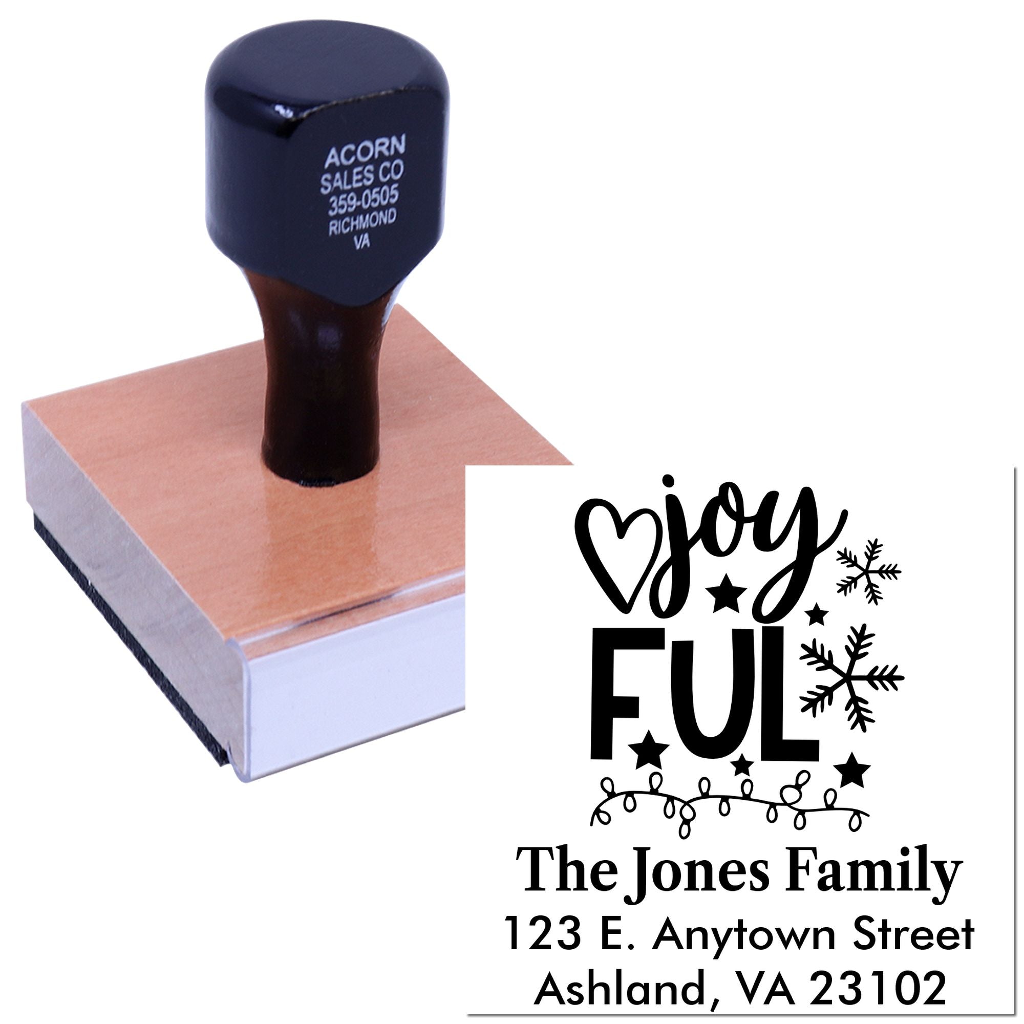 Custom holiday rubber stamp with personalized Joyful design and family name/address for festive cards and gift packaging.