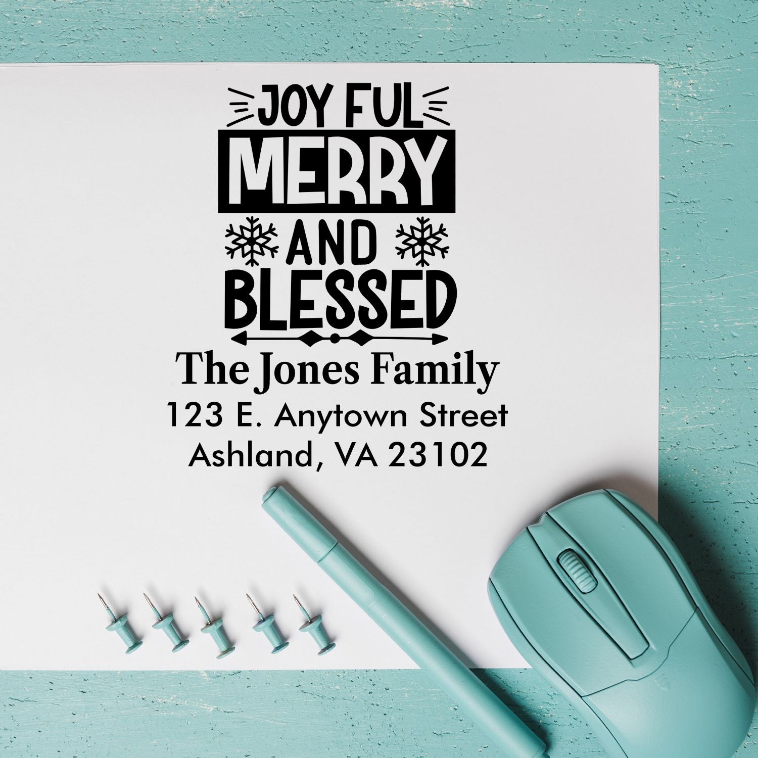 Personalized Christmas return address rubber stamp with Joyful Merry and Blessed design for The Jones Family holiday cards