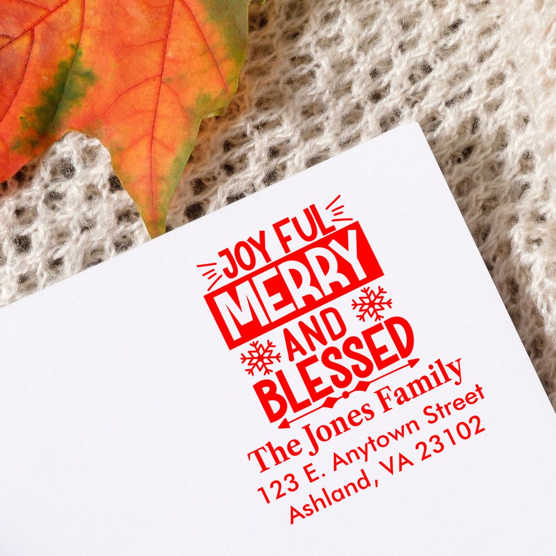 Custom holiday address rubber stamp with Joyful Merry and Blessed design for festive Christmas cards and envelopes.