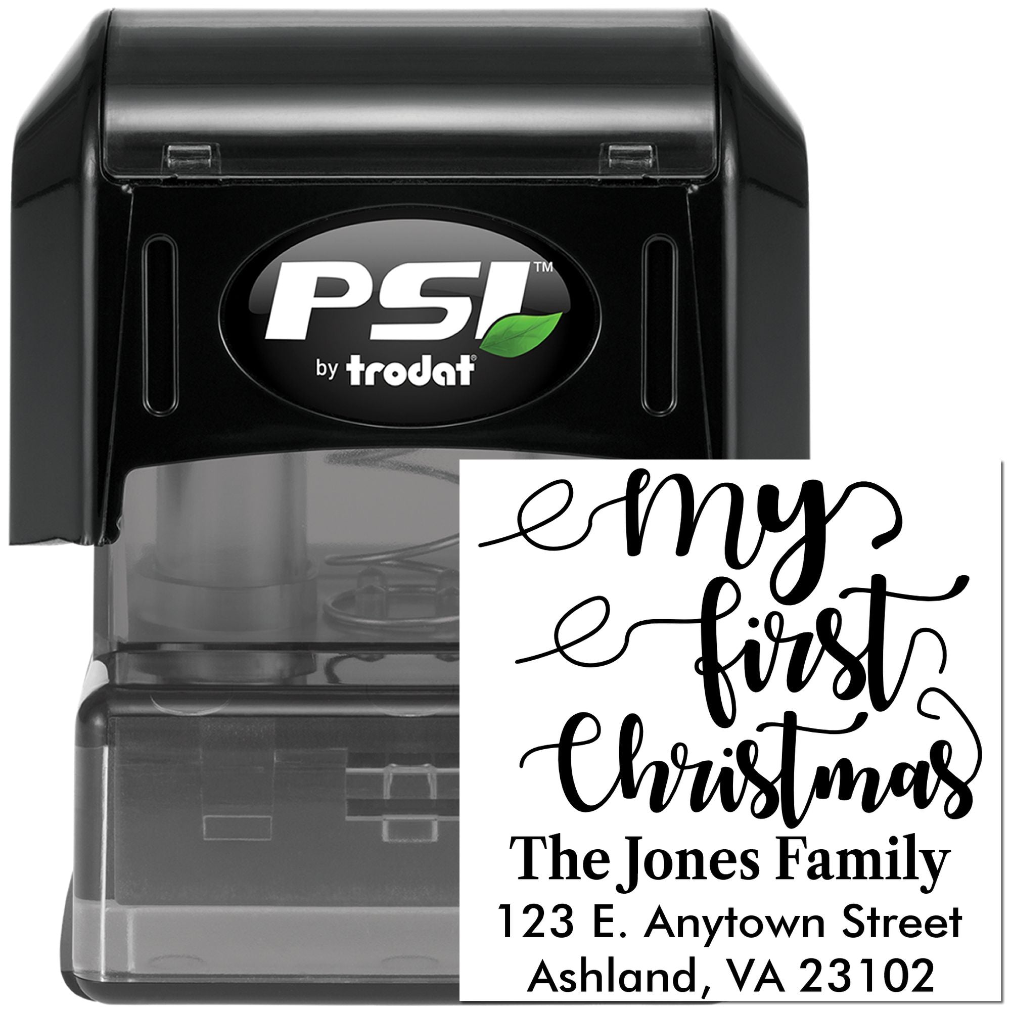 Custom self-inking rubber stamp by PSI Trodat with My First Christmas return address for holiday cards and envelopes.