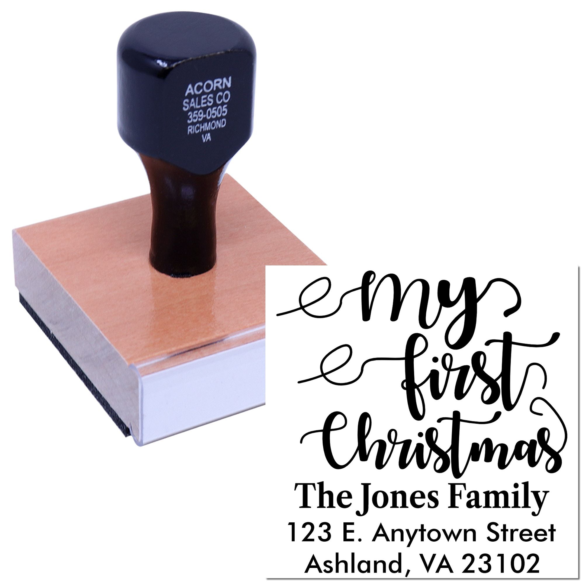 Custom holiday address rubber stamp with My First Christmas family name and mailing address imprint.