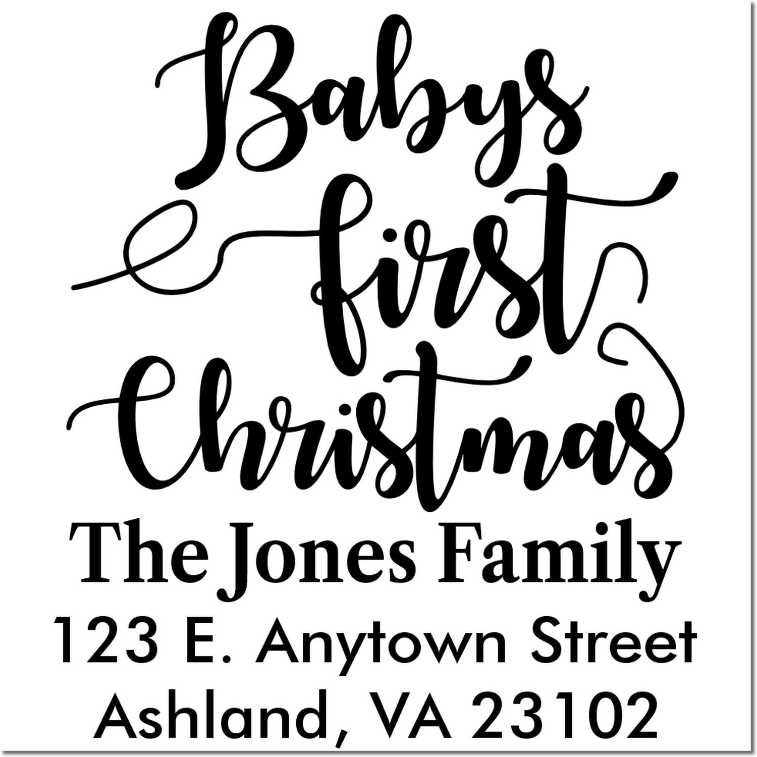 Personalized Baby's First Christmas return address rubber stamp for holiday cards with family name and address.