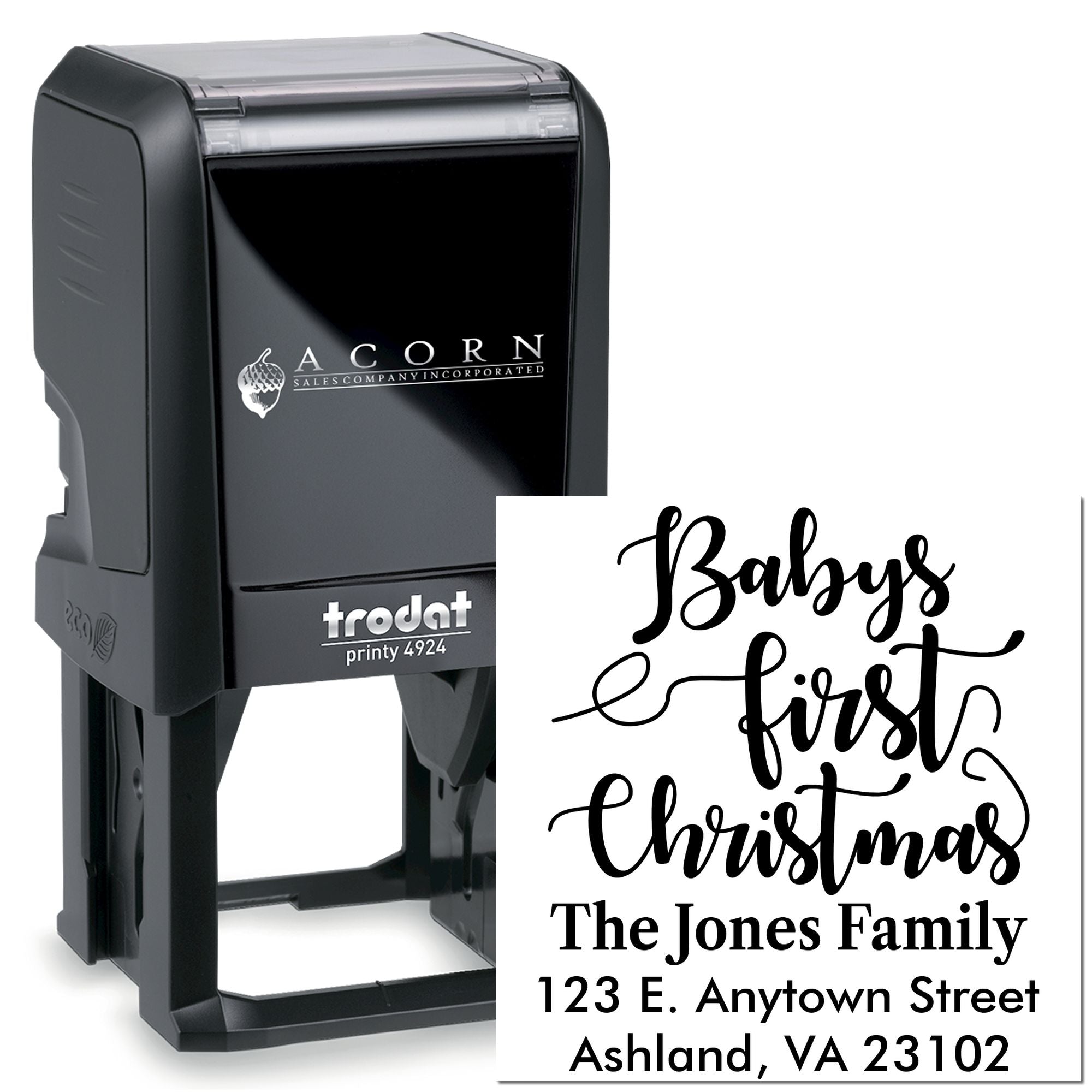Trodat Printy 4924 self-inking rubber stamp with custom Babys First Christmas address design for holiday cards and gifts.