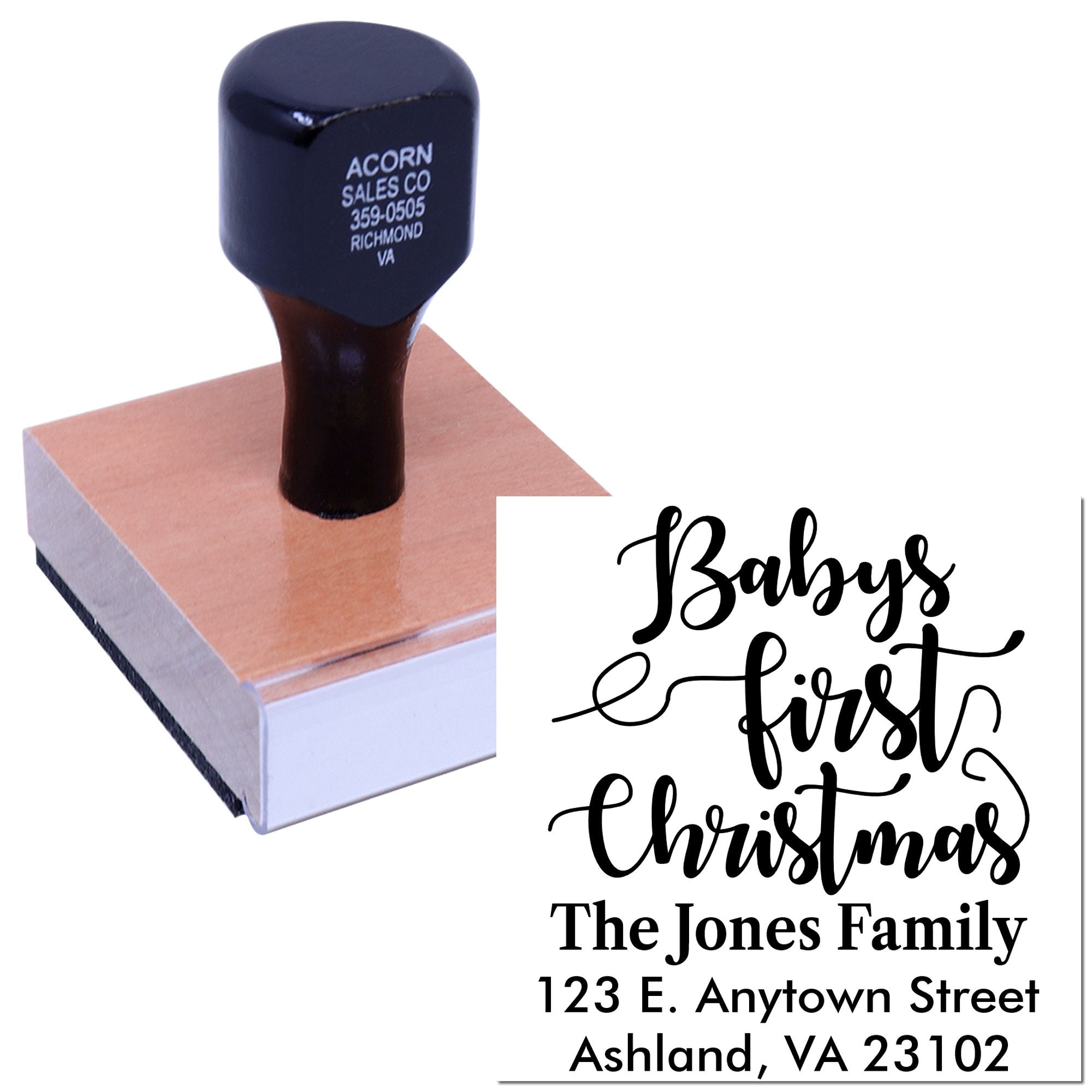 Custom Babys First Christmas rubber stamp for The Jones Family return address on holiday cards and envelopes.