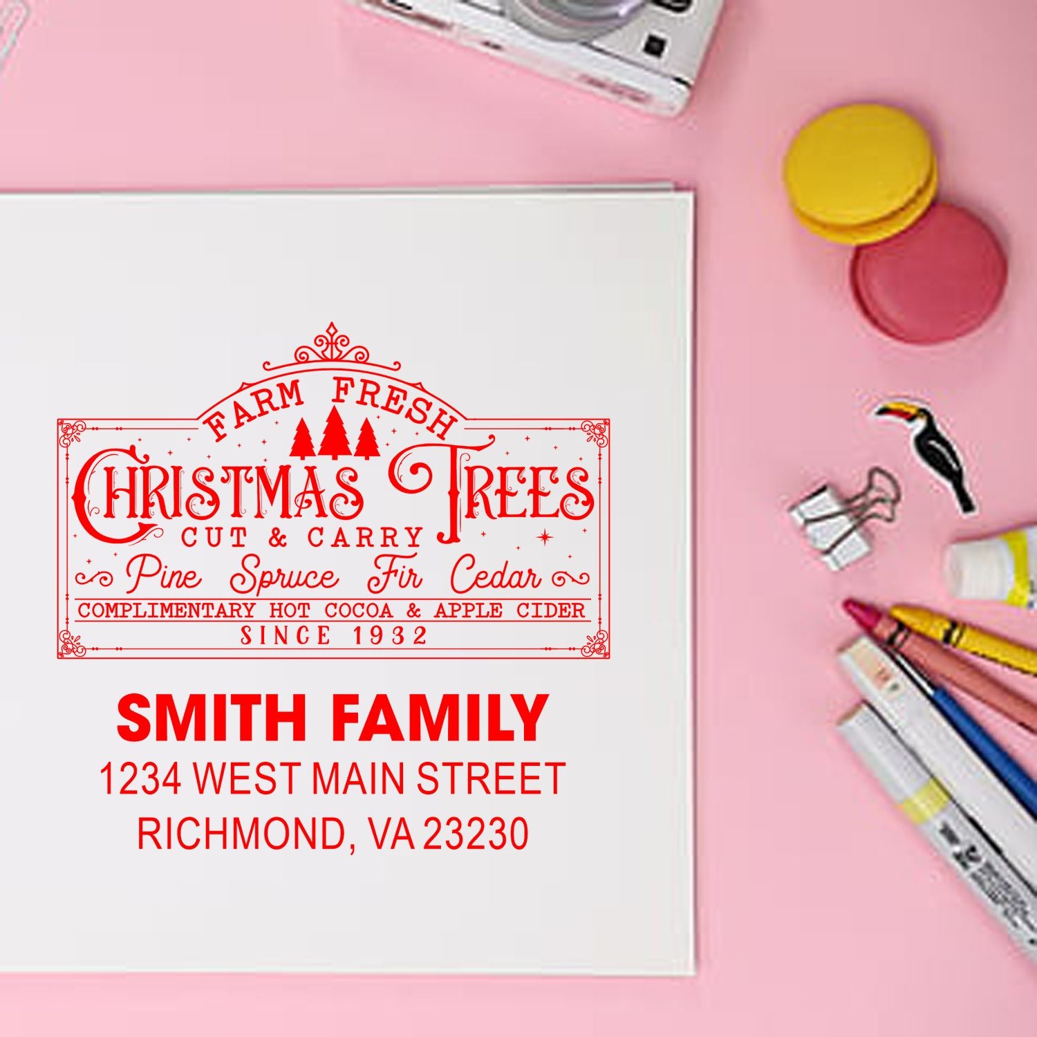 Custom Christmas tree farm rubber stamp with family name and address for holiday cards and packaging