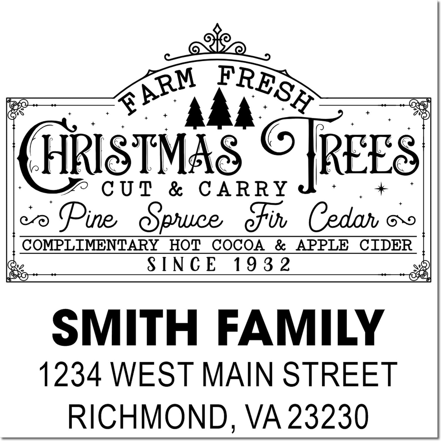 Custom rubber stamp designs for Farm Fresh Christmas Trees sign and Smith Family address stamp with decorative holiday lettering.