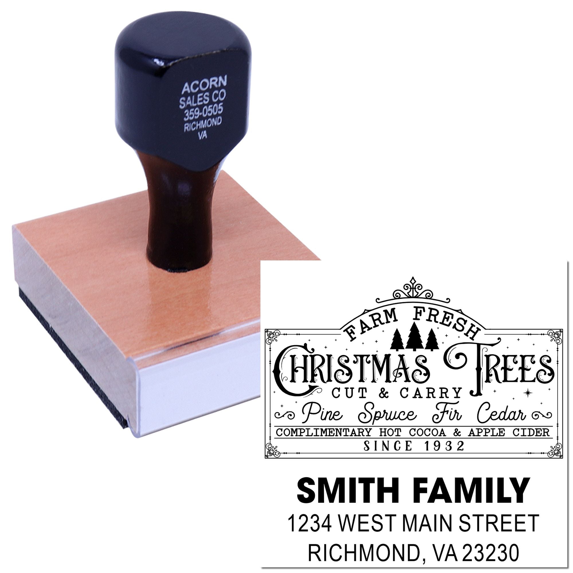 Custom rubber stamp with personalized Christmas tree design and Smith family address imprint