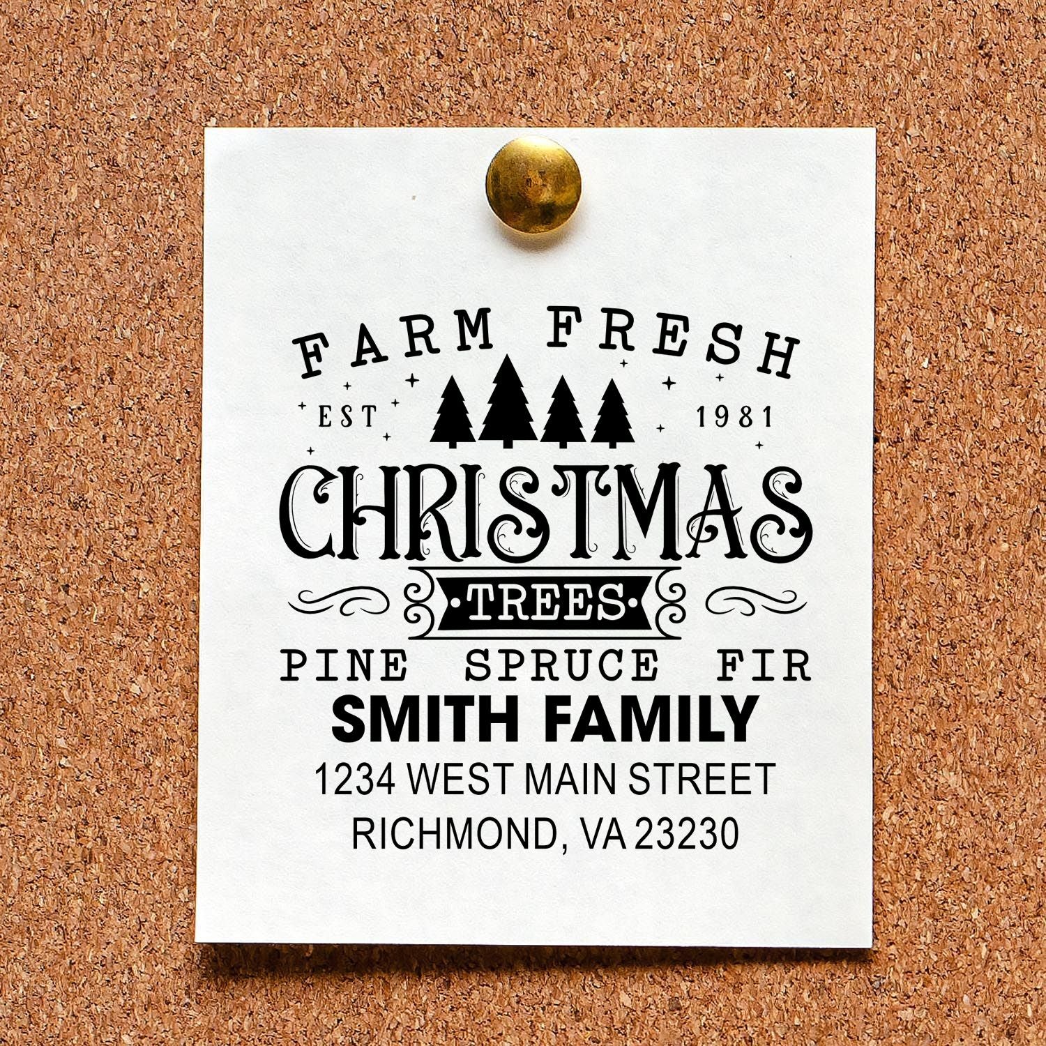 Custom Christmas tree rubber stamp with Smith family name and Richmond, VA address for holiday return mail.